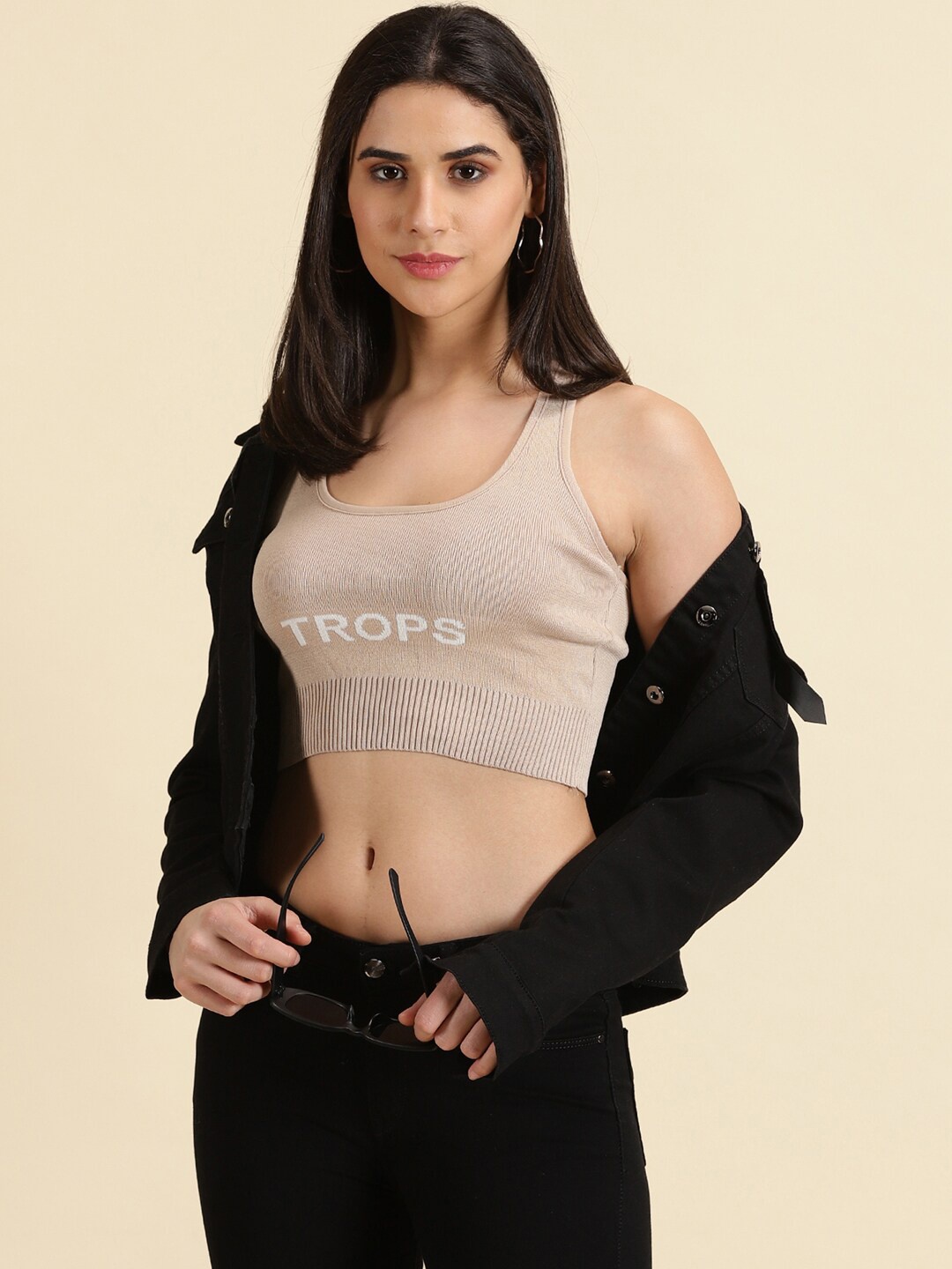 

SHOWOFF Typography Printed Scoop Neck Knitted Bralette Crop Top, Beige