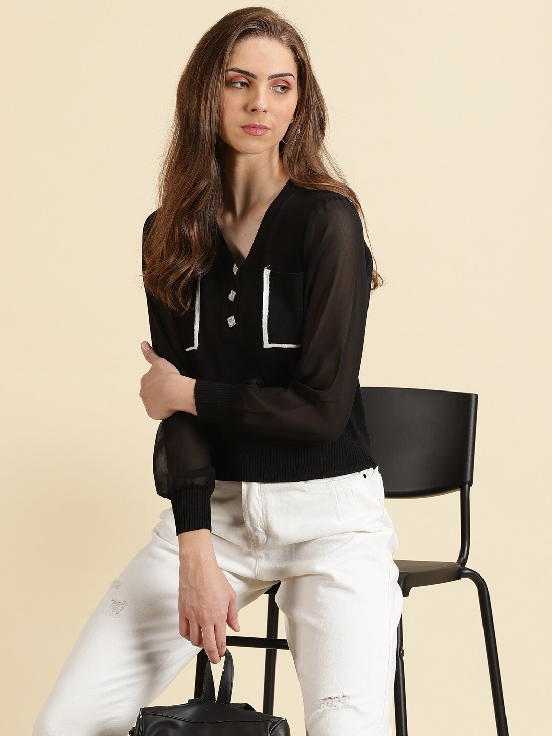 

SHOWOFF V-Neck Studded Georgette Top, Black