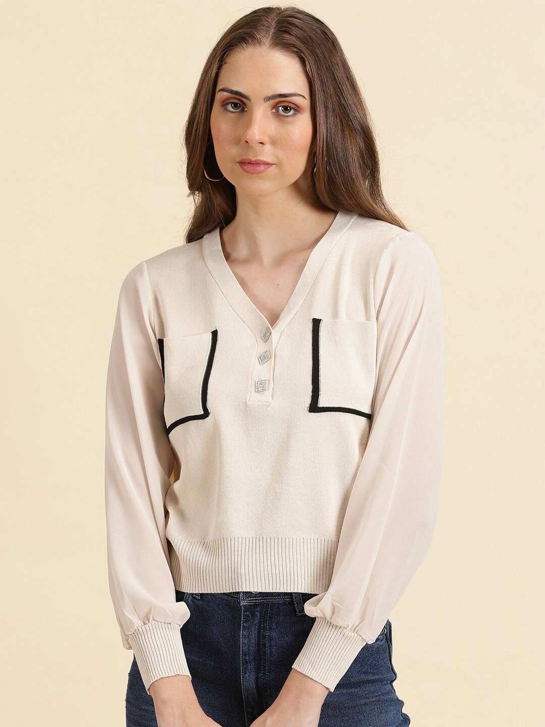 

SHOWOFF V-Neck Pocket Details Regular Acrylic Top, Cream