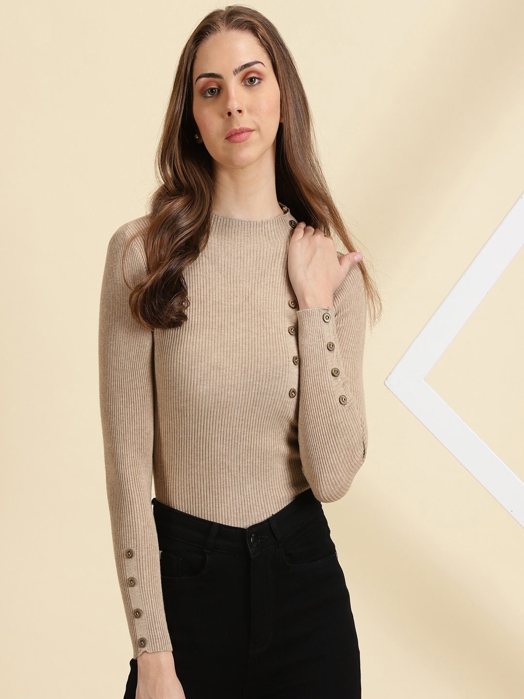 

SHOWOFF Round Neck Long Sleeves Knitted Fitted Top, Beige