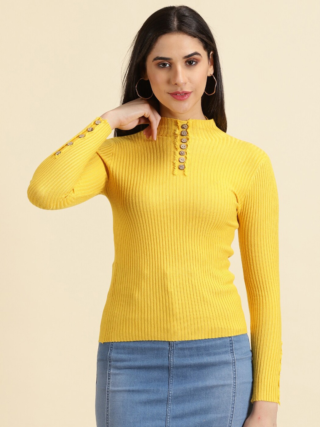

SHOWOFF Button Detail High Neck Knitted Acrylic Fitted Top, Yellow