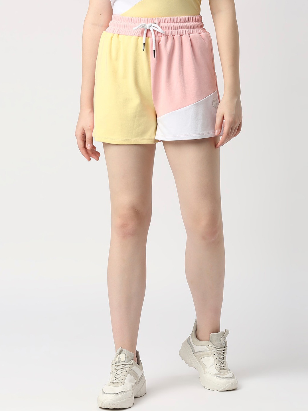 Pepe Jeans Women Mid-Rise Loose Fit Colourblocked Cotton Shorts, Yellow