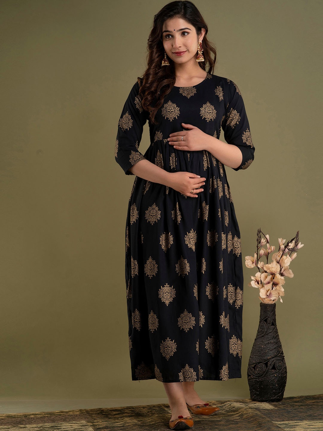 

Mialo fashion Ethnic Motifs Printed Block Print Maternity Ethnic Dress, Black