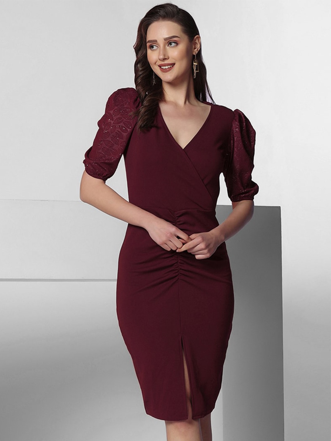 

Selvia V-Neck Puff Sleeve Dress, Maroon