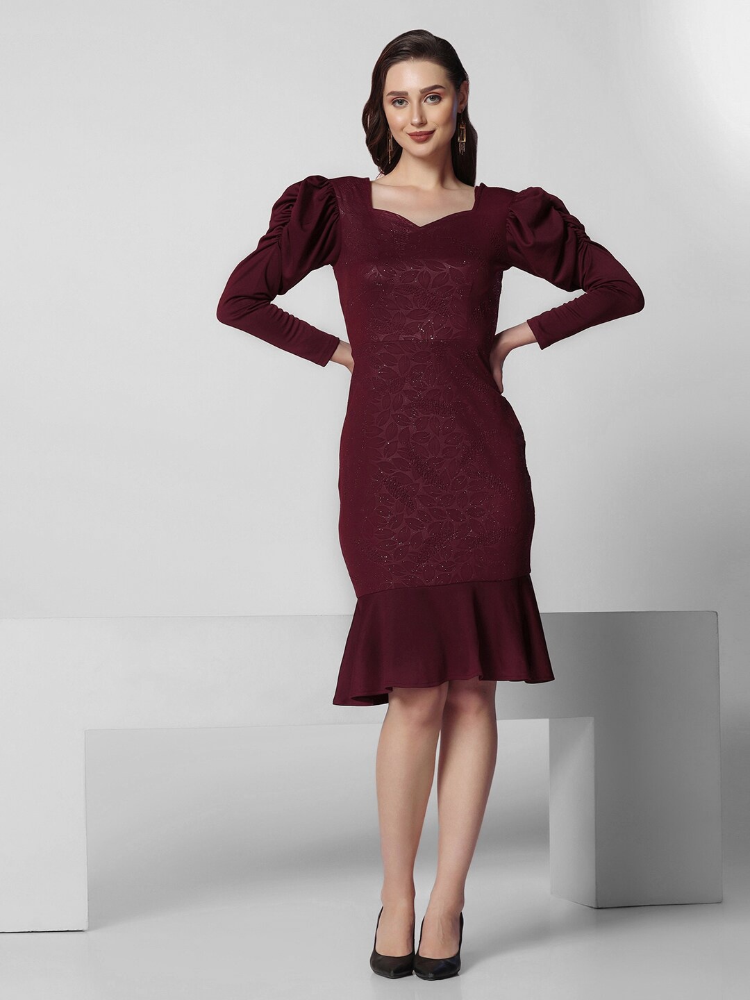 

Selvia Sweetheart Neck Puff Sleeve Sheath Dress, Maroon