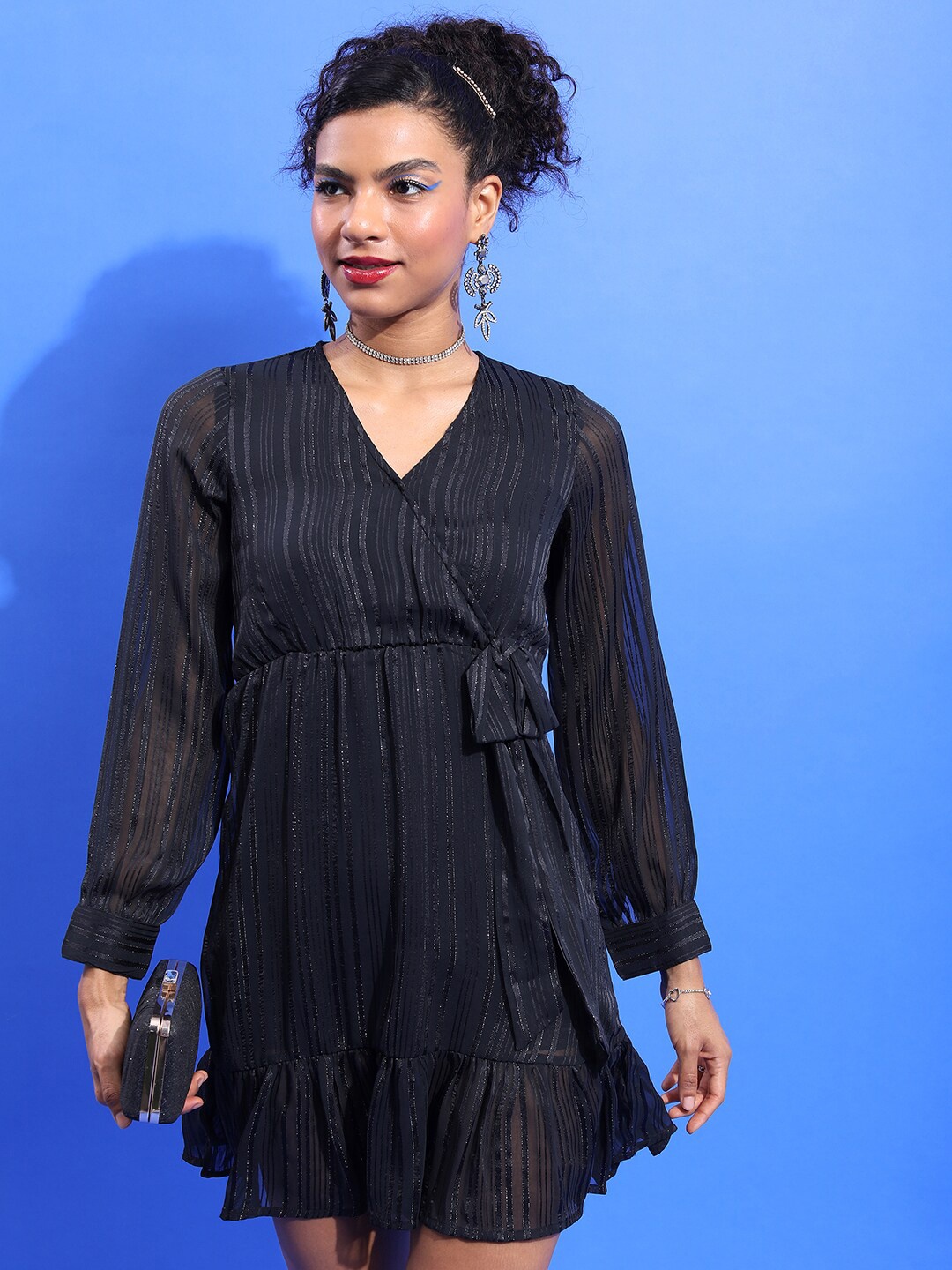

Tokyo Talkies Black Striped Cuffed Sleeves Wrap Dress