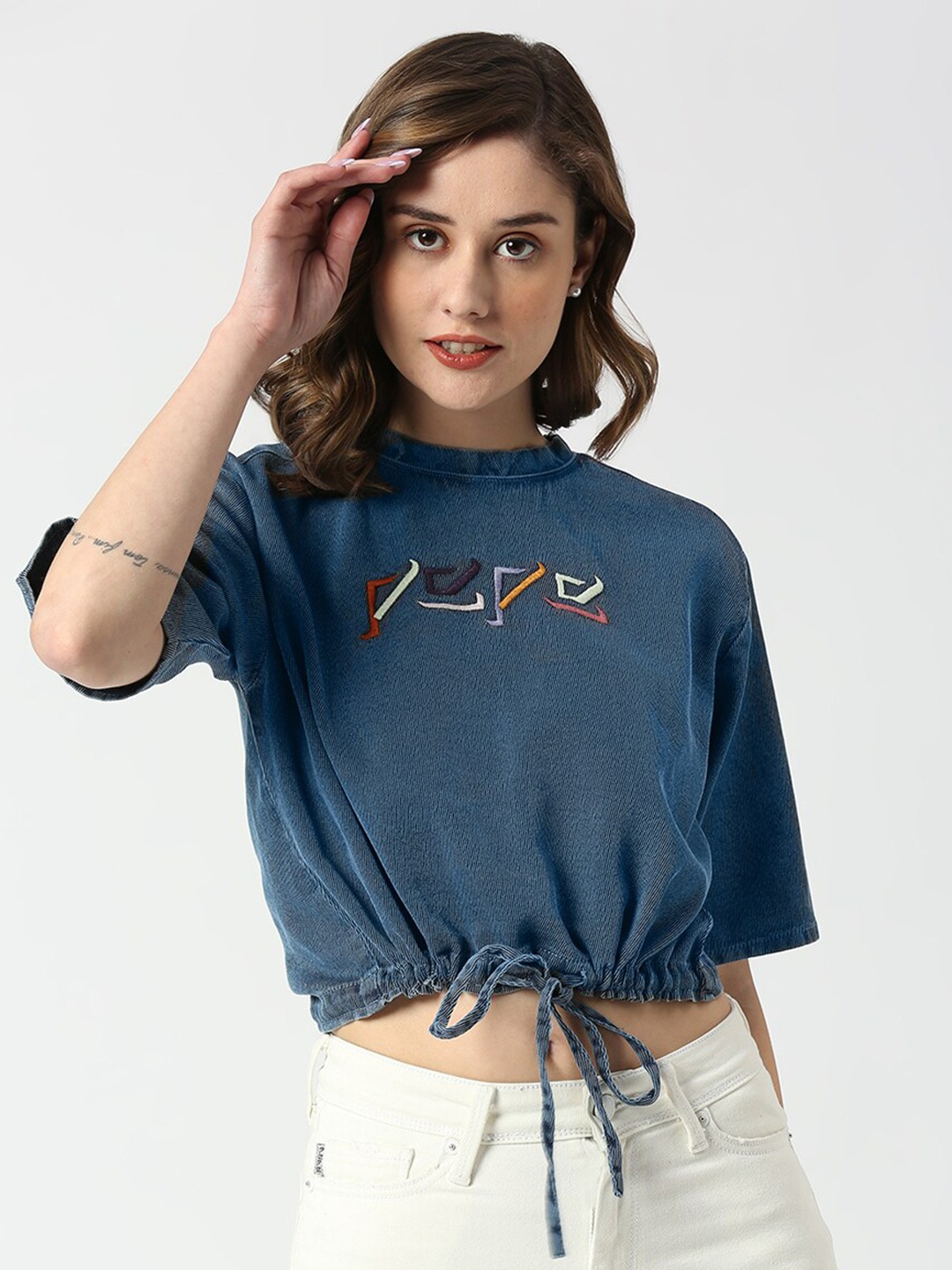 

Pepe Jeans Embroidered Twill Cotton Crop Top, Blue