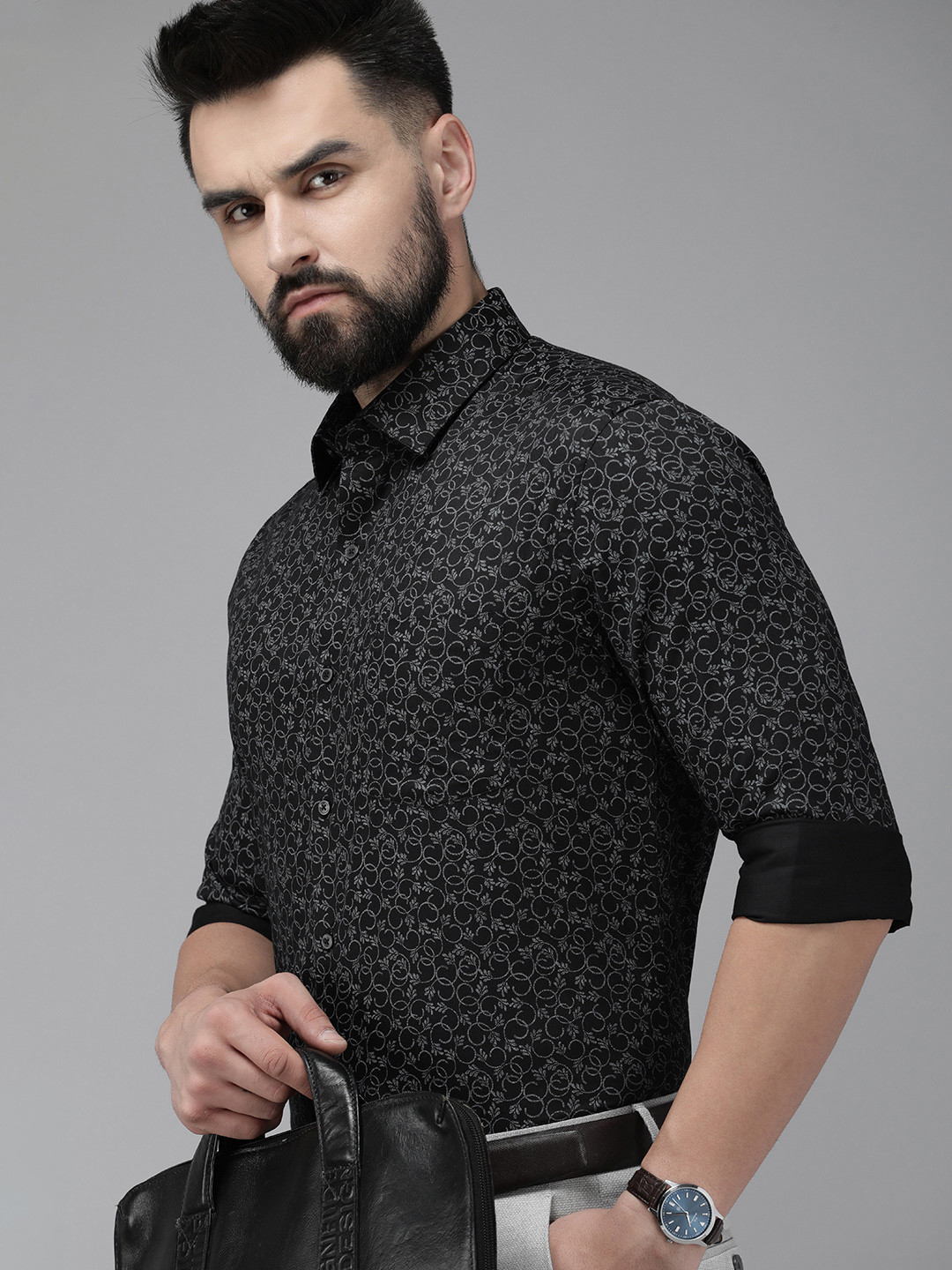 

Arrow Manhattan Slim Fit Printed Pure Cotton Formal Shirt, Black