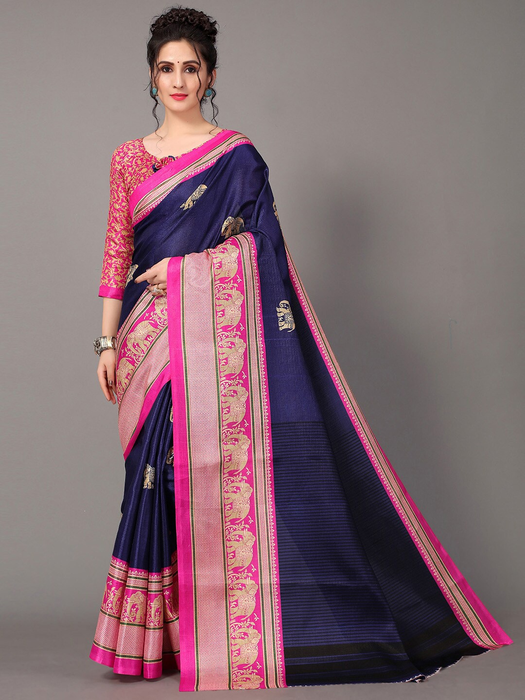 

GORGONE Ethnic Printed Saree, Navy blue