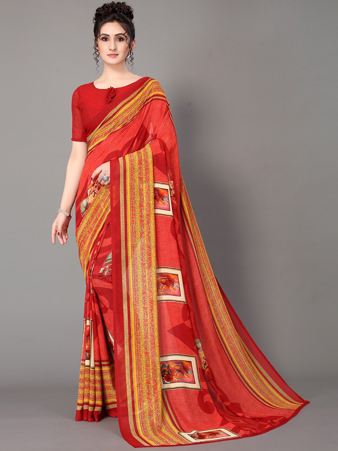 

GORGONE Abstract Printed Saree, Red