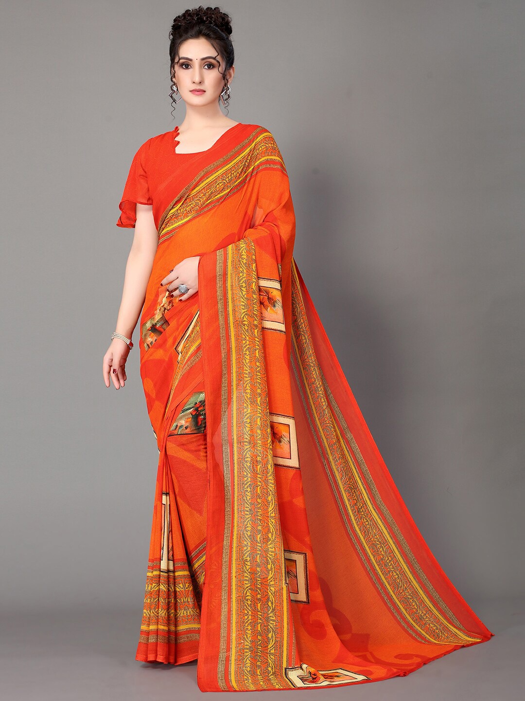 

GORGONE Floral Printed Saree, Orange