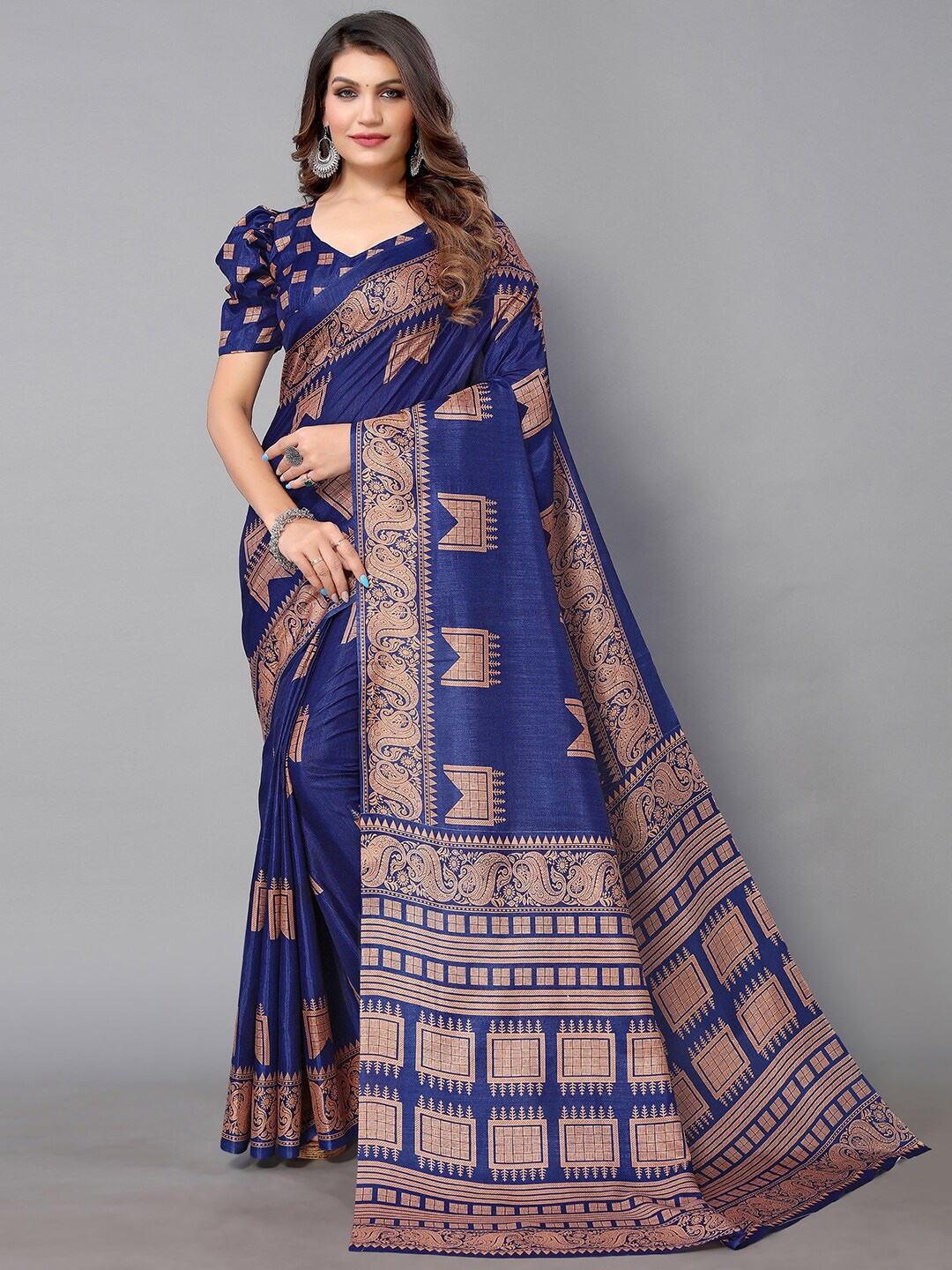 

GORGONE Ethnic Printed Saree, Navy blue