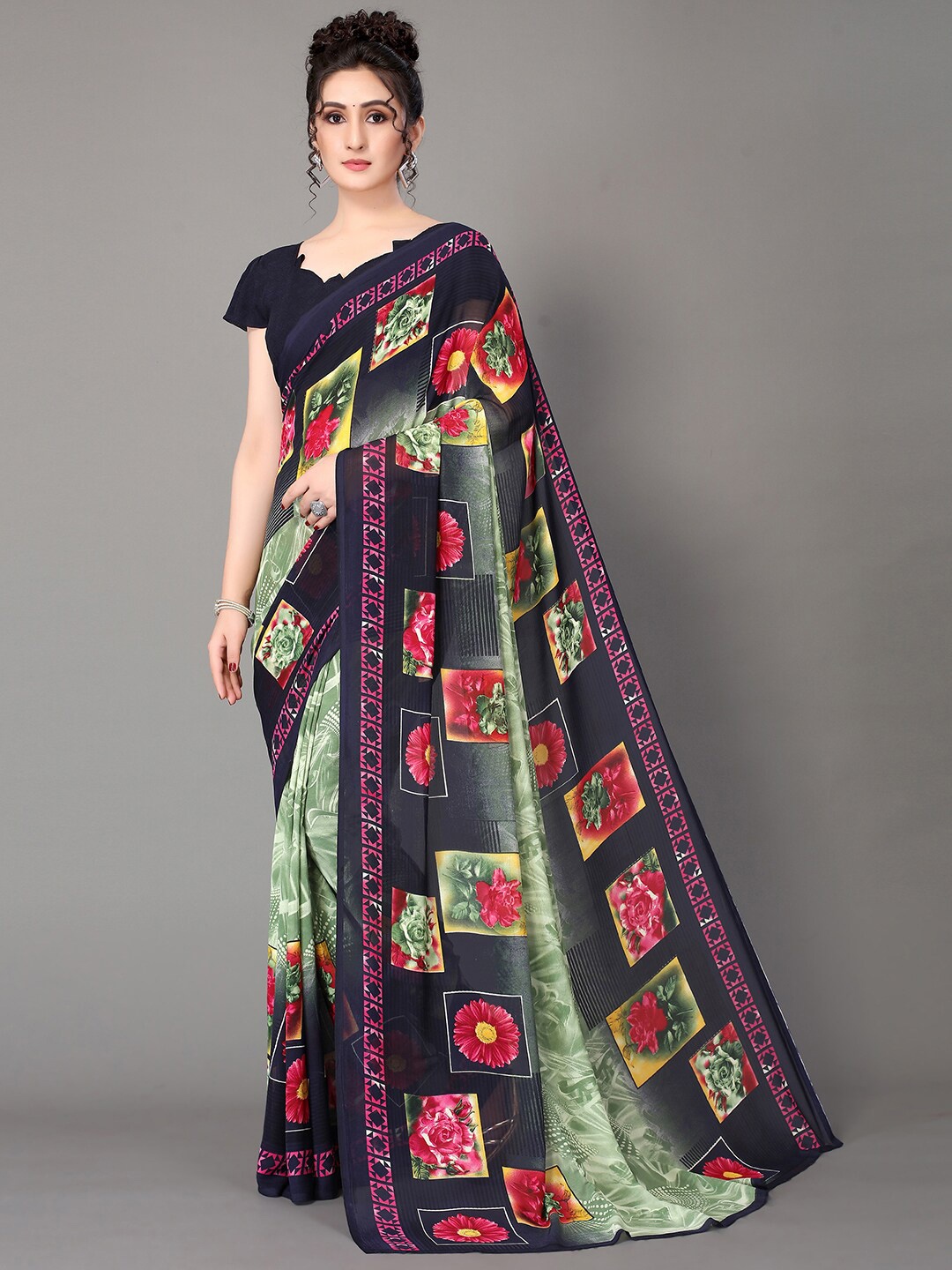 

GORGONE Floral Printed Saree, Green