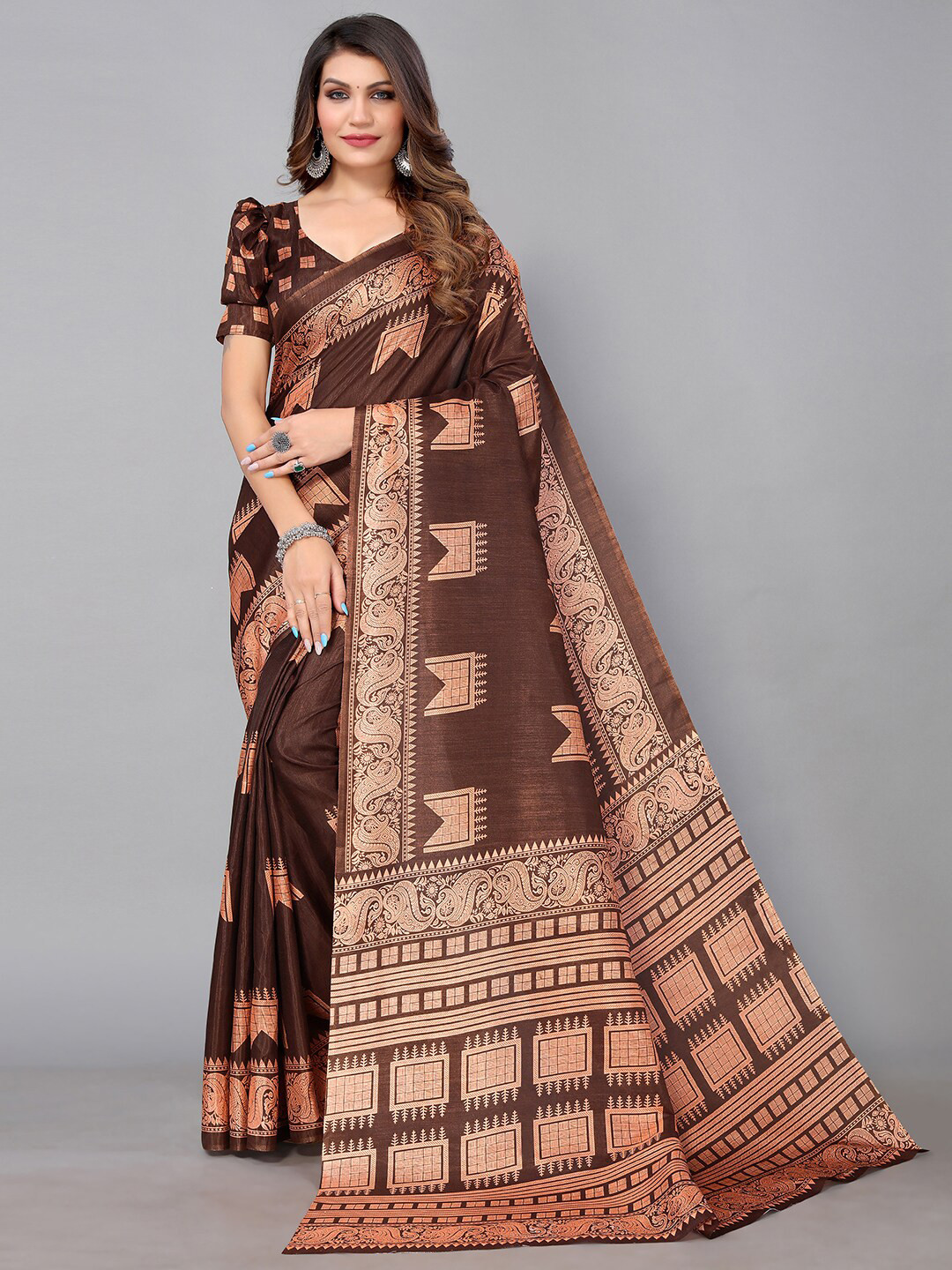 

GORGONE Ethnic Printed Saree, Brown