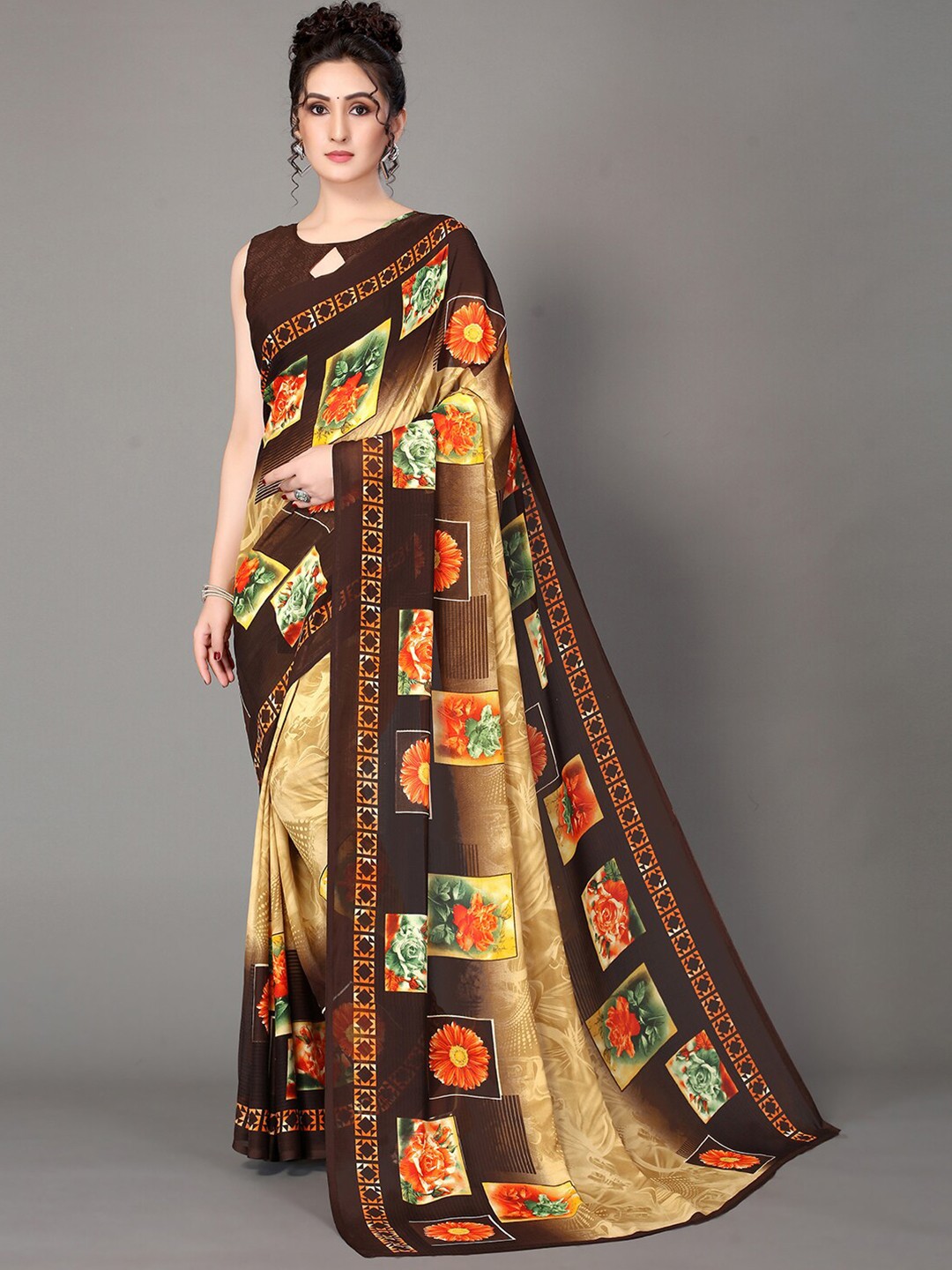 

GORGONE Floral Printed Saree, Yellow