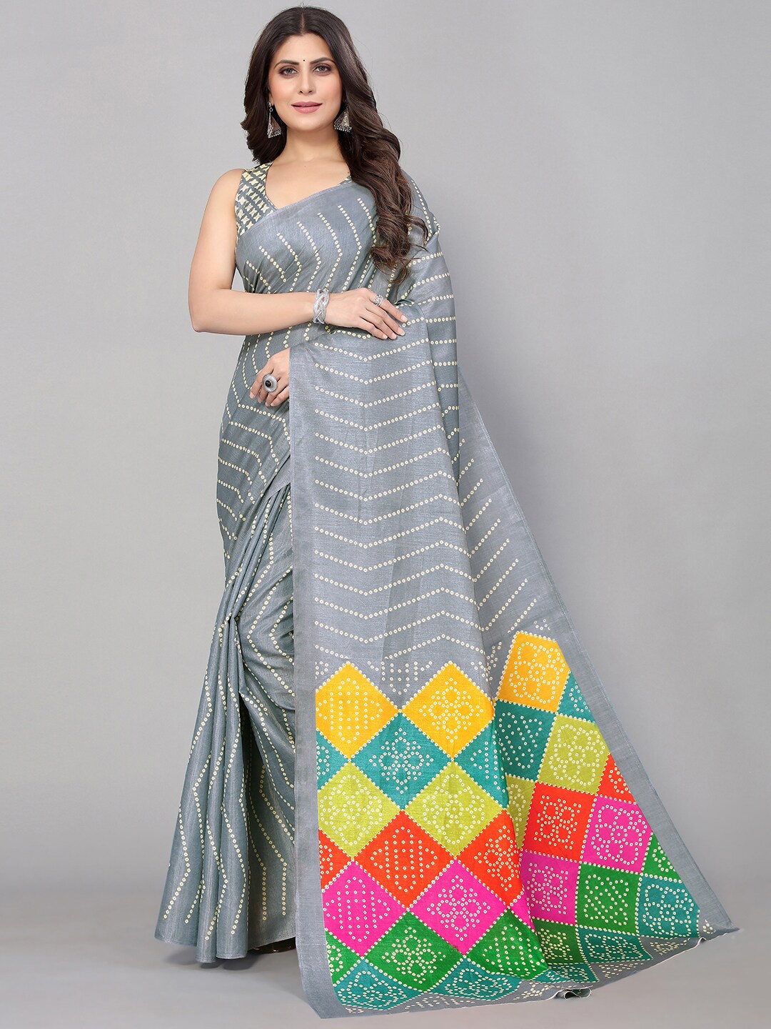 

GORGONE Bandhani Printed Saree, Grey