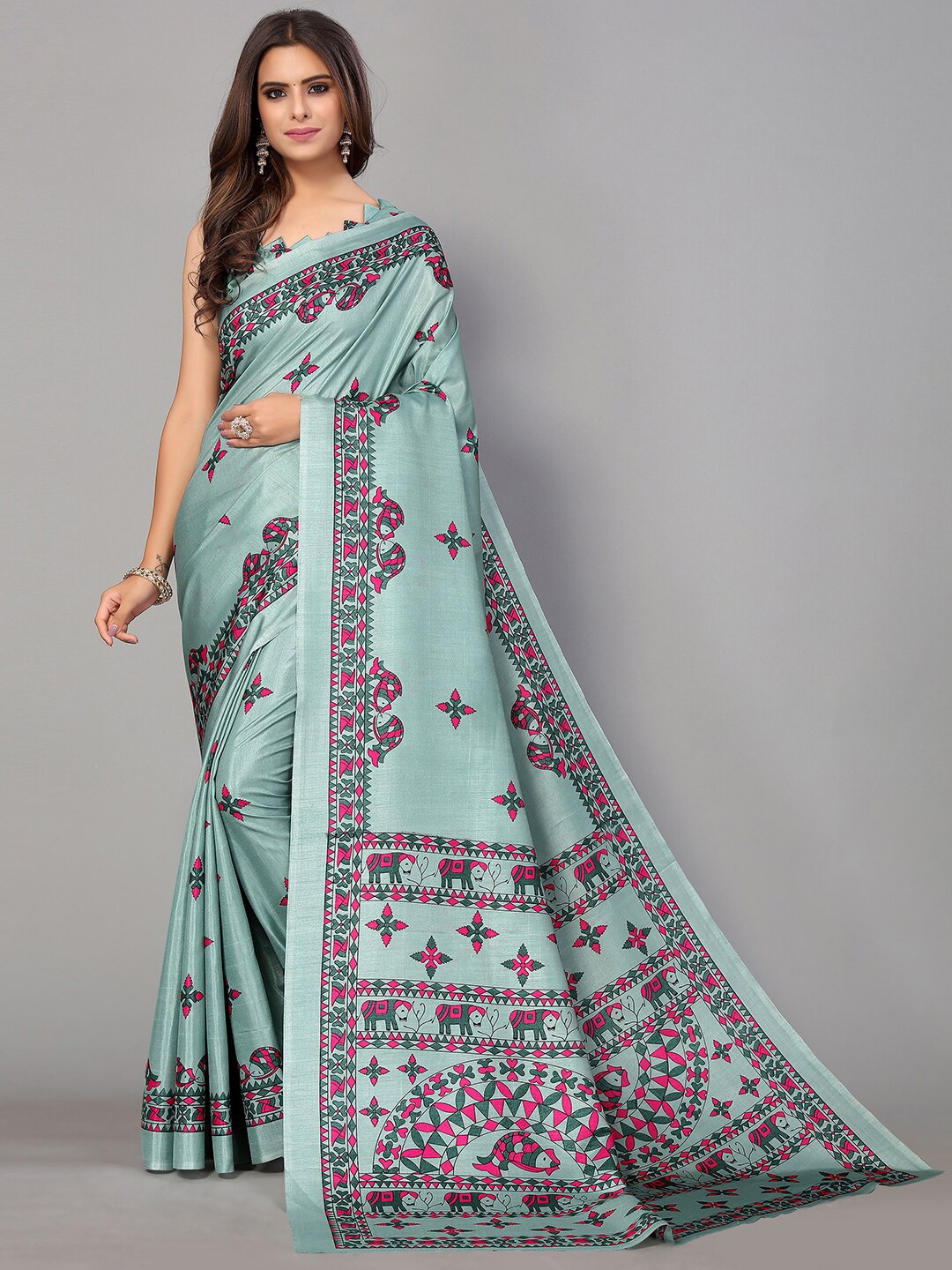 

GORGONE Ethnic Motifs Printed Saree, Turquoise blue