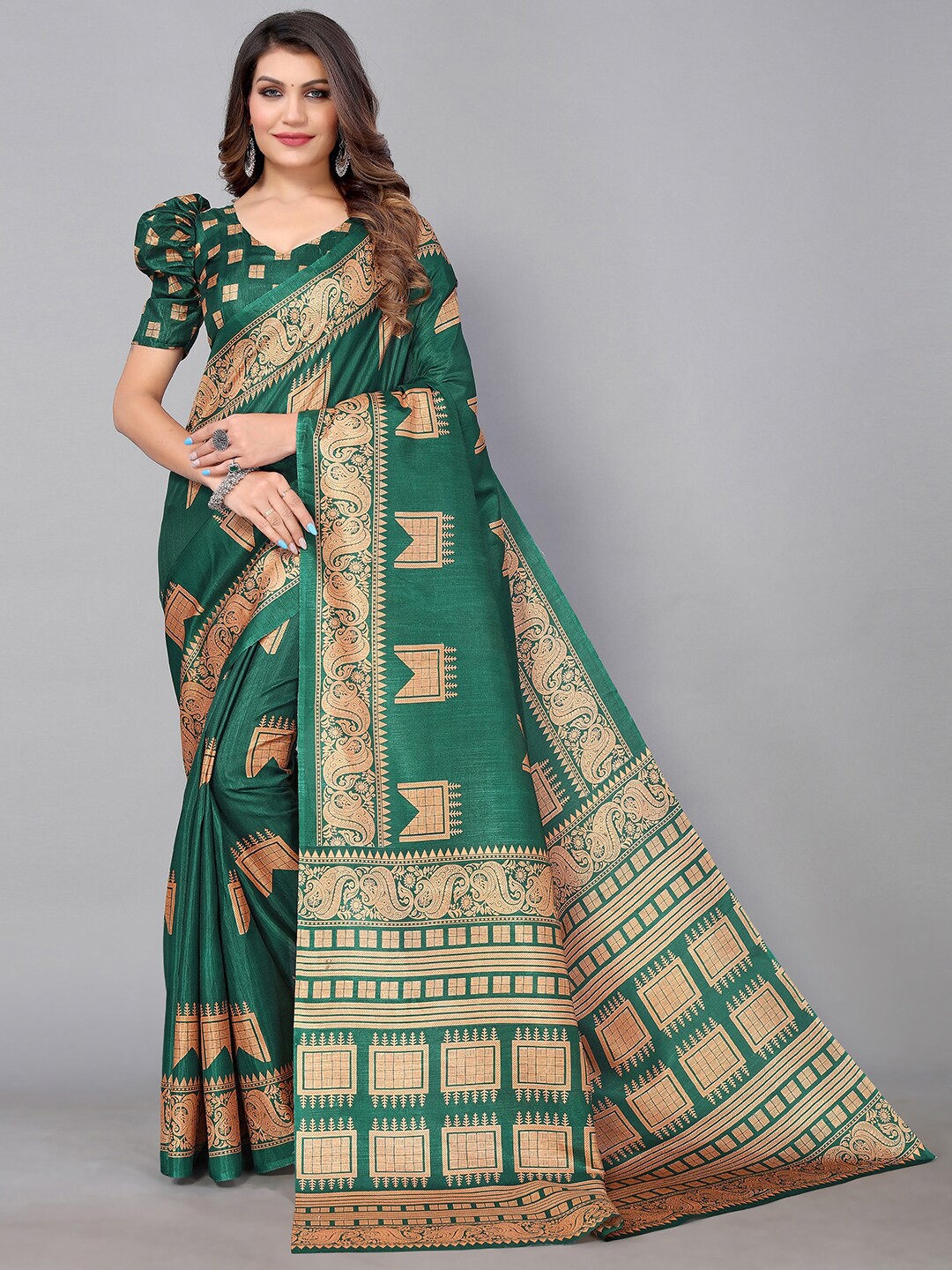 

GORGONE Ethnic Printed Saree, Green