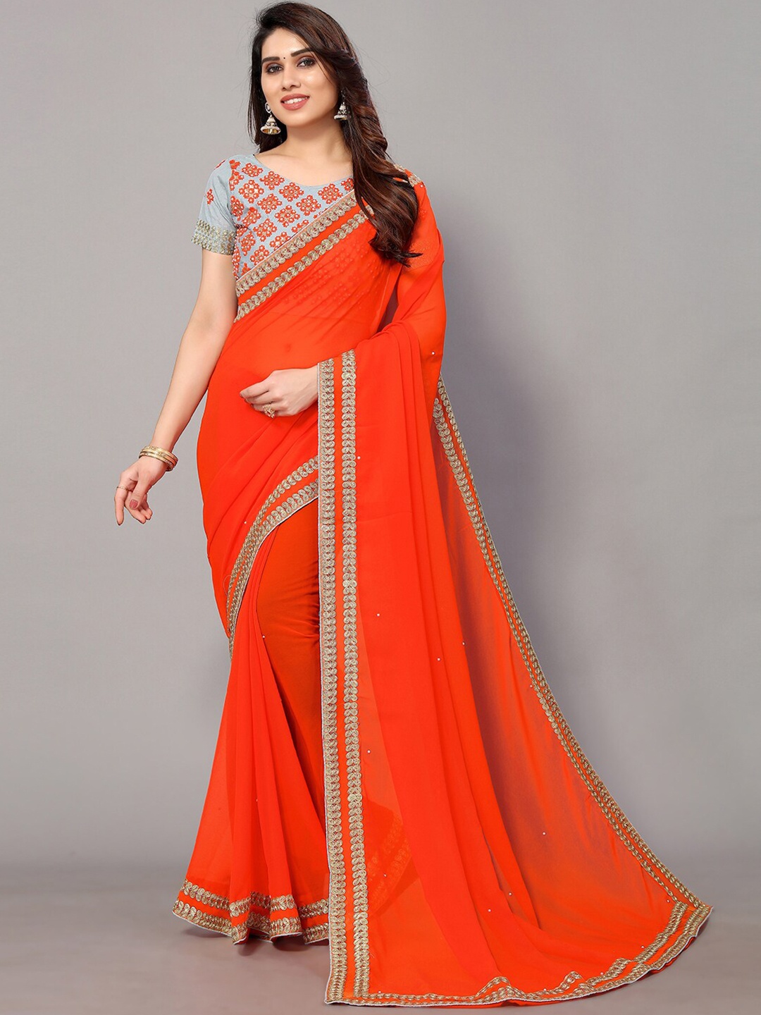 

GORGONE Embellished Embroidered Pure Georgette Saree, Orange
