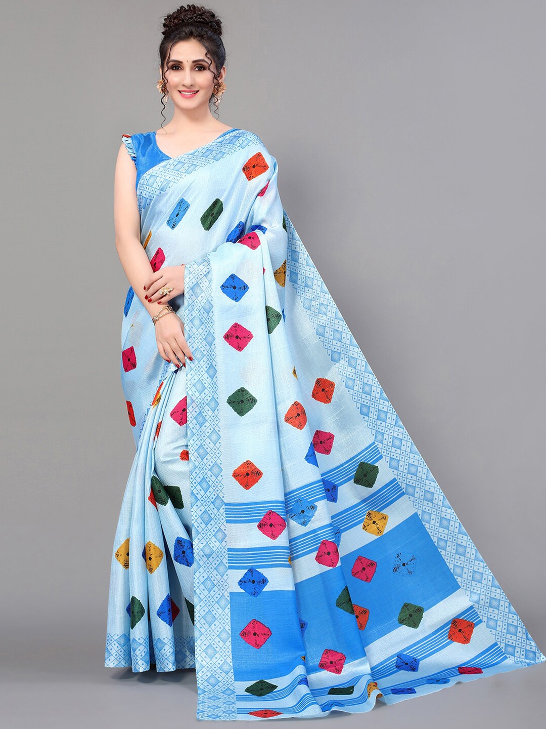 

GORGONE Abstract Printed Saree, Blue