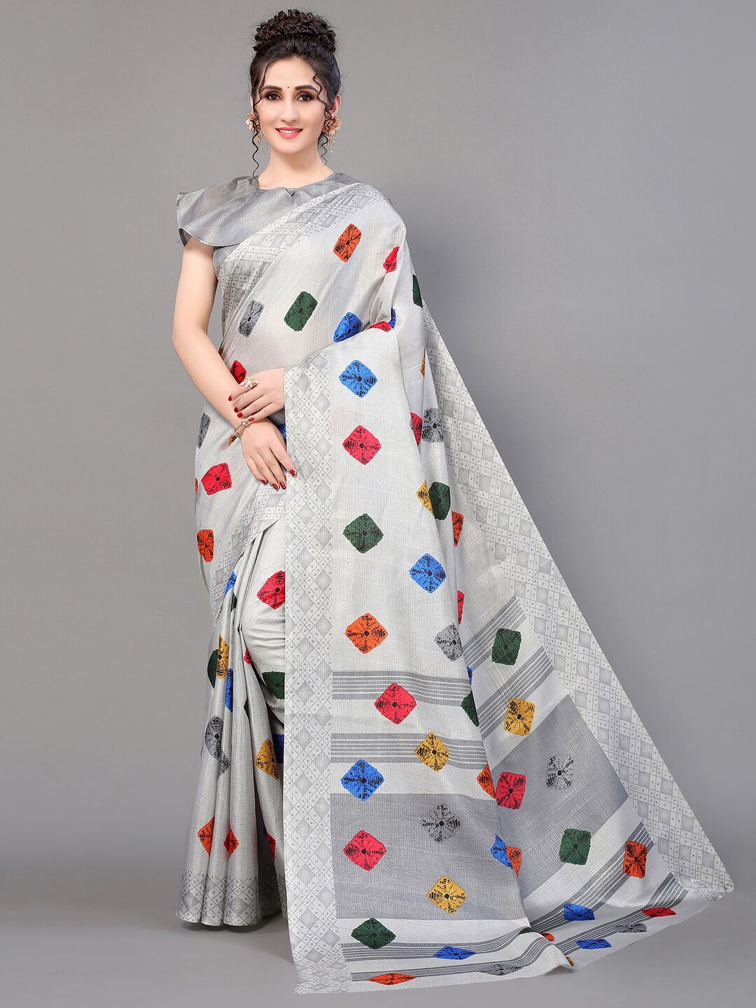 

GORGONE Abstract Printed Silk Blend Saree, Grey