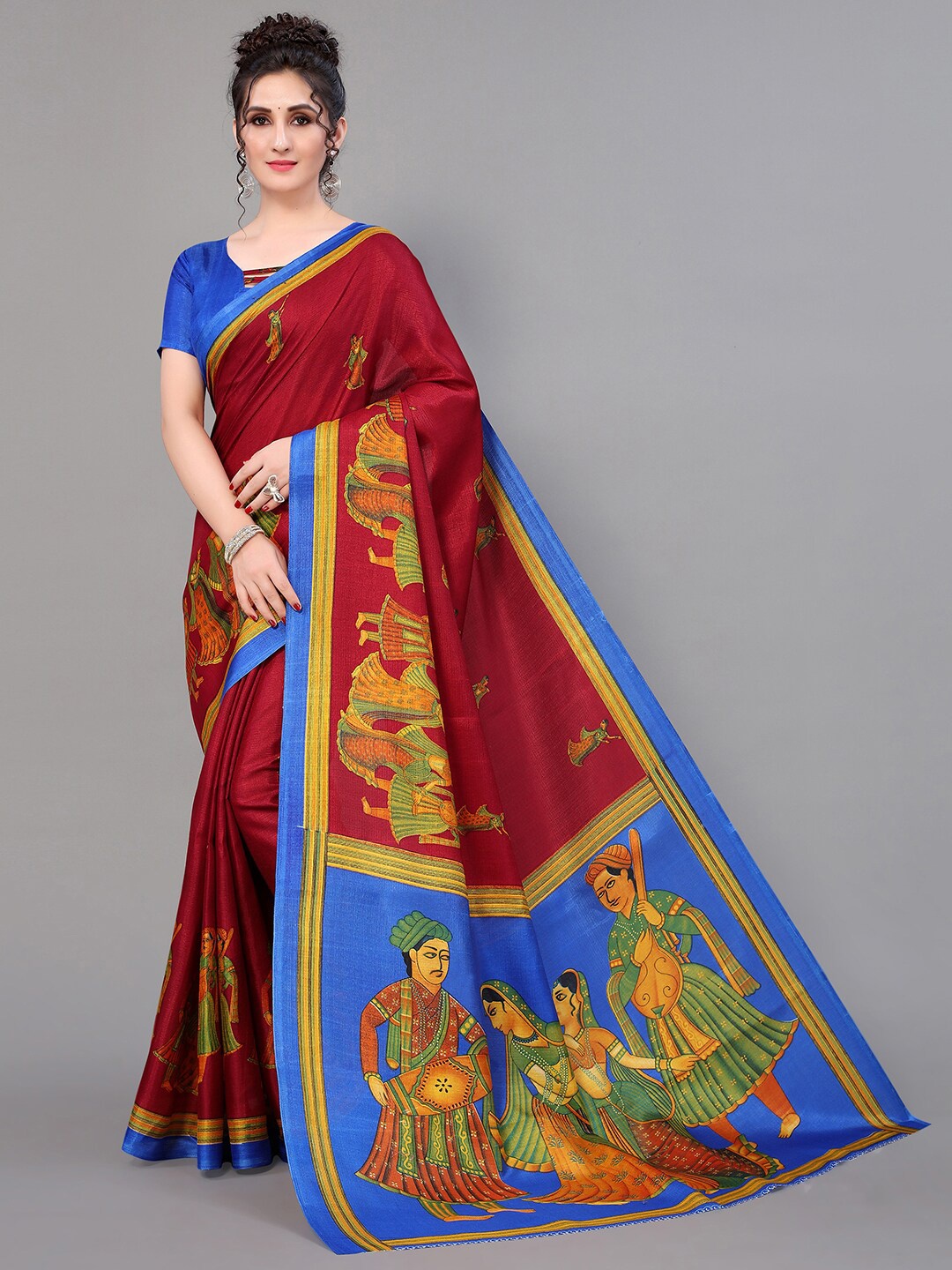 

GORGONE Ethnic Motifs Printed Silk Blend Saree, Red