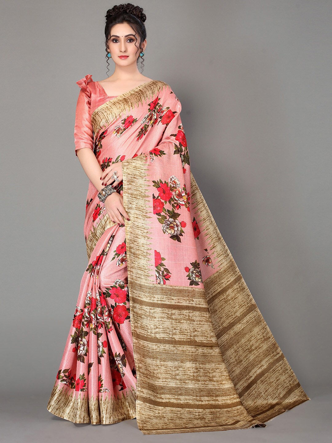 

GORGONE Floral Printed Silk Blend Saree, Pink