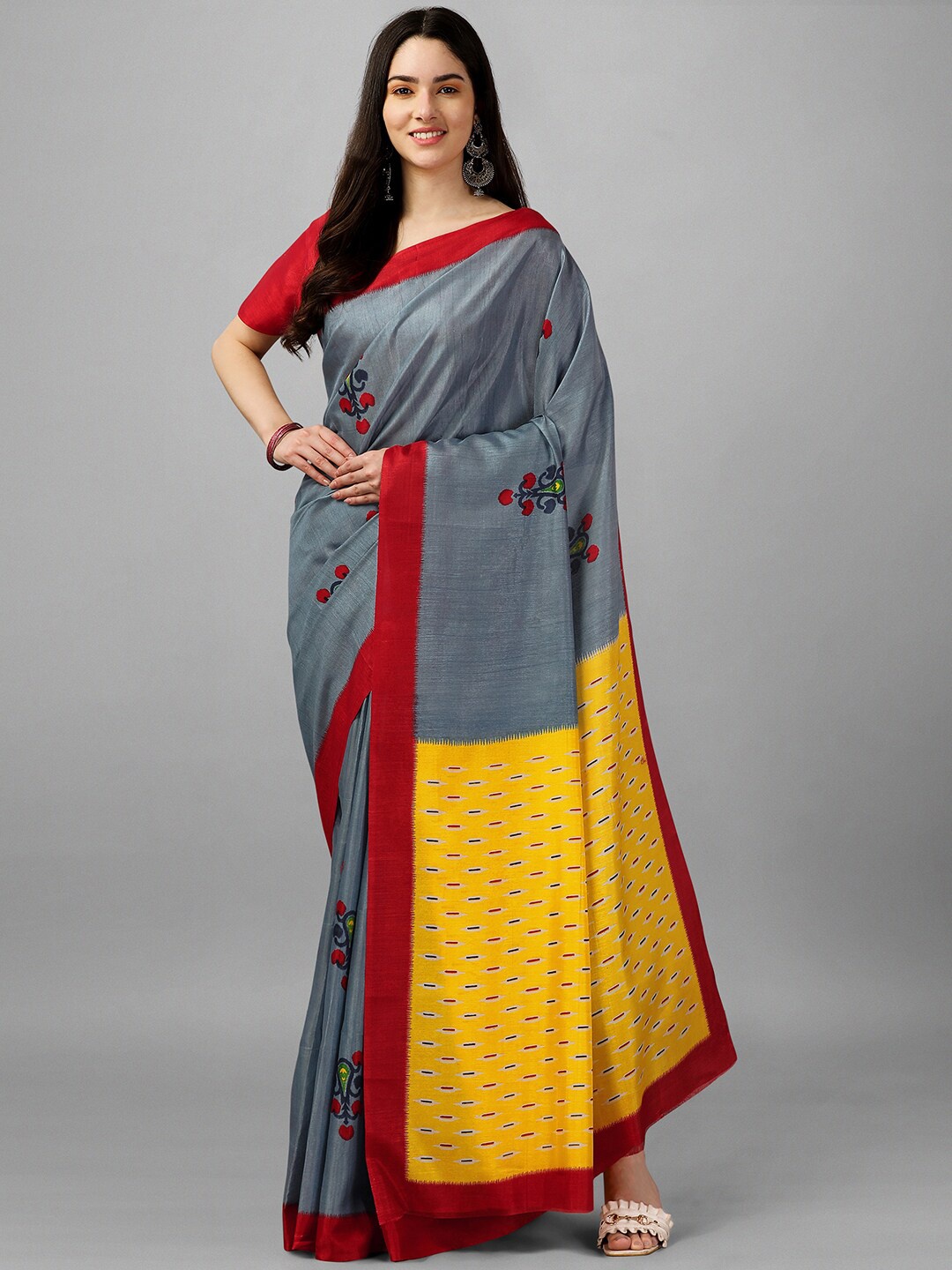 

GORGONE Ethnic Motifs Silk Blend Saree, Grey