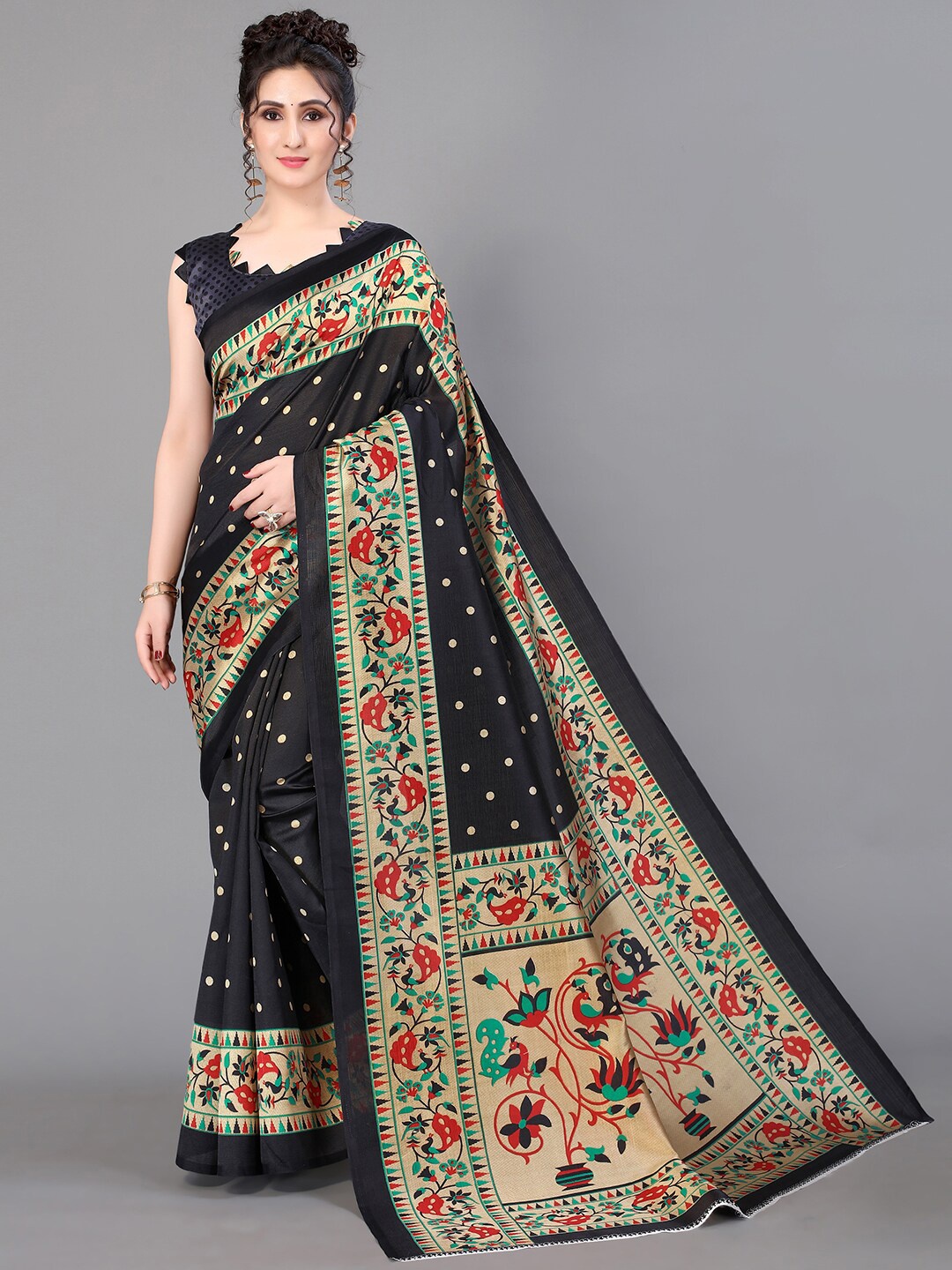 

GORGONE Polka Dot Printed Silk Blend Saree, Black