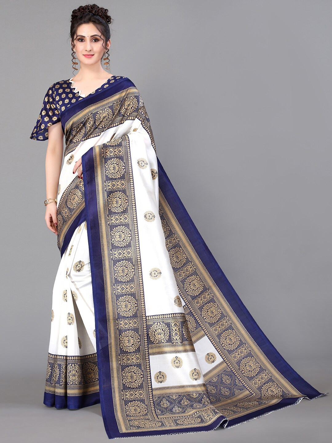 

GORGONE Floral Motifs Printed Silk Blend Saree, White