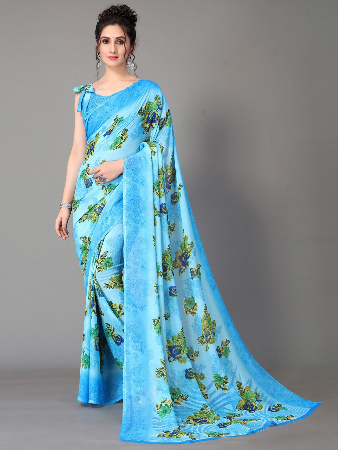 

GORGONE Floral Printed Poly Georgette Saree, Blue