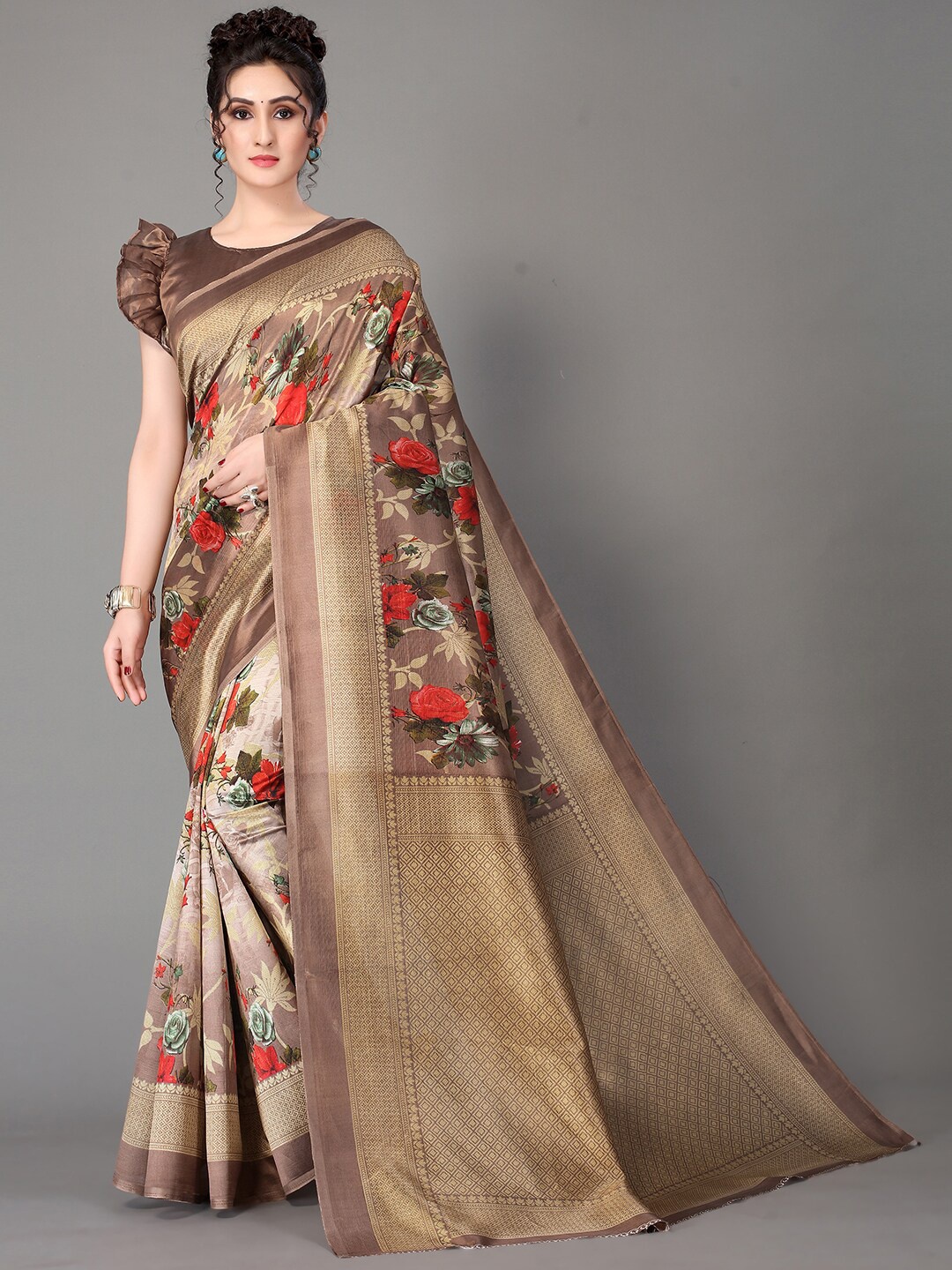 

GORGONE Floral Printed Zari Saree, Beige