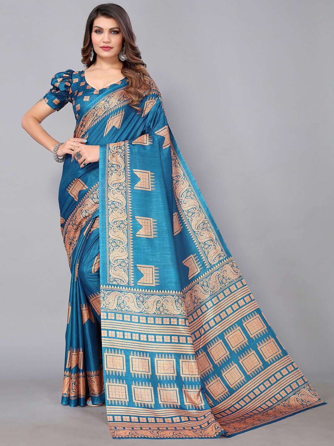 

GORGONE Ethnic Motifs Printed Silk Blend Saree, Blue