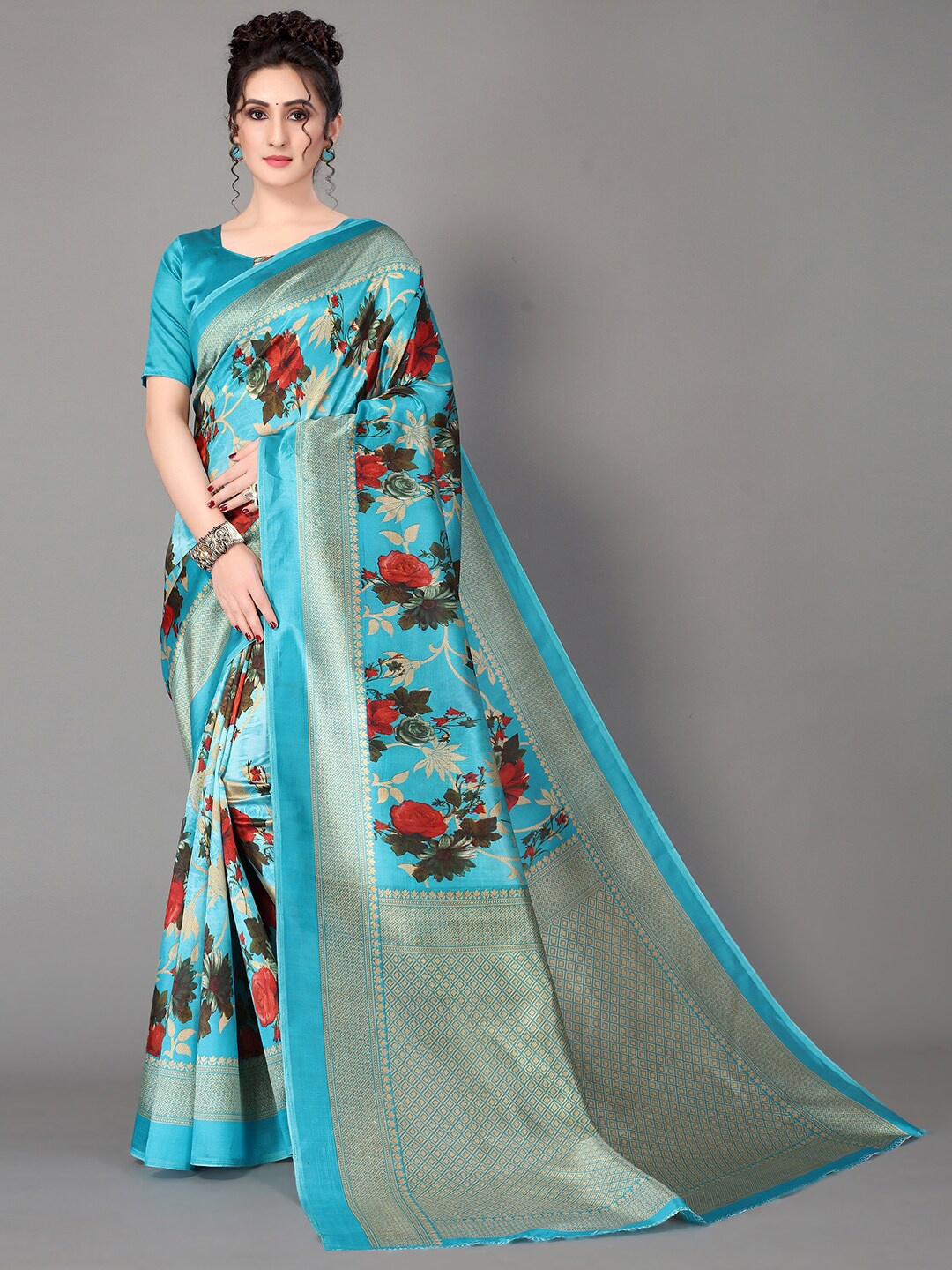 

GORGONE Floral Printed Silk Blend Saree, Blue