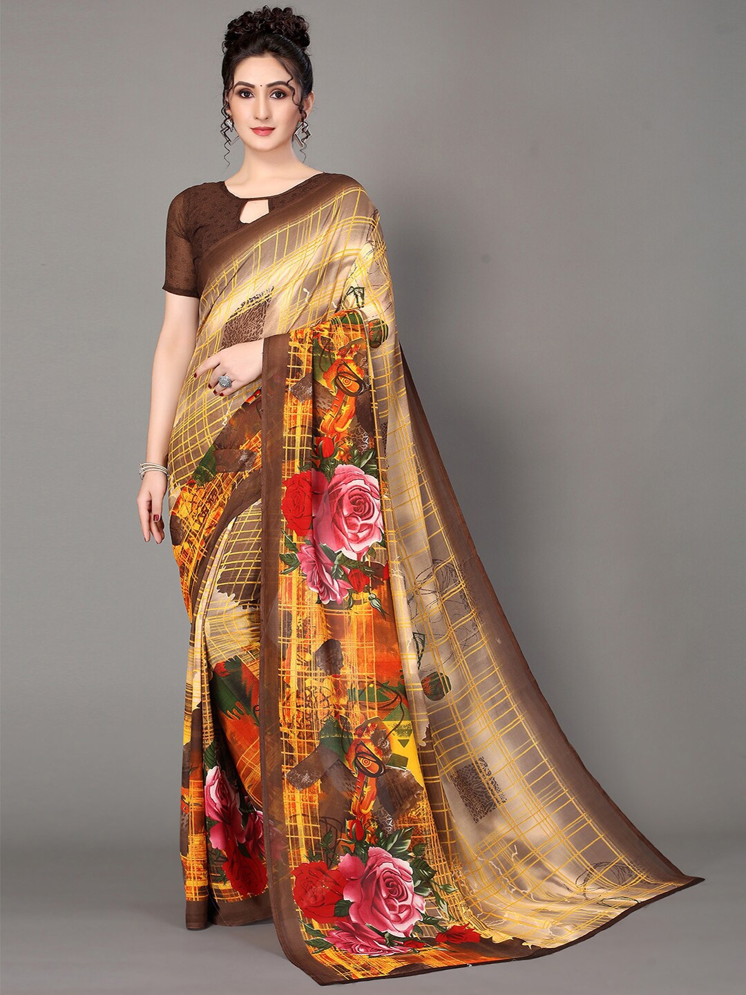 

GORGONE Floral Printed Poly Georgette Saree, Brown