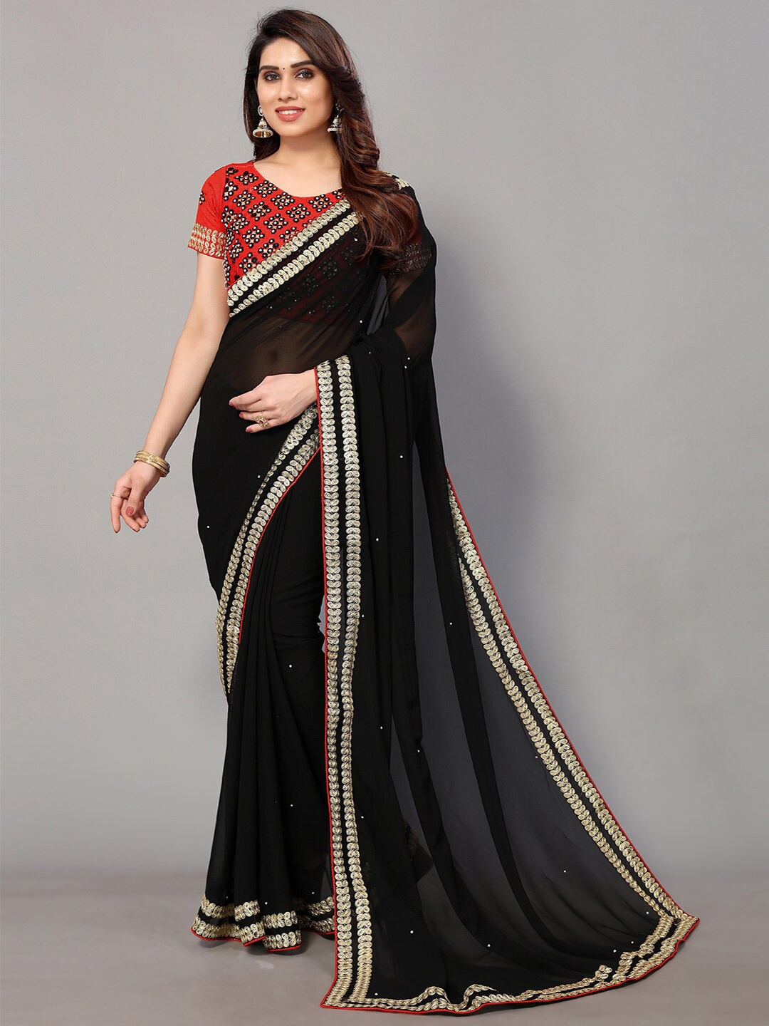

GORGONE Embellished Pure Georgette Saree, Black