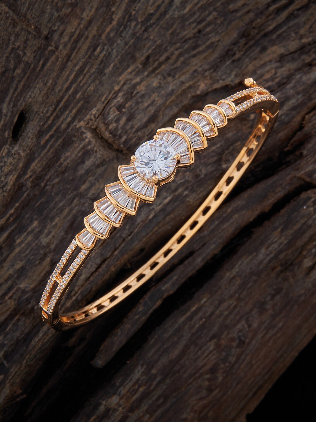 

Kushal's Fashion Jewellery Gold-Plated Cubic Zirconia Studded Kada Bracelet