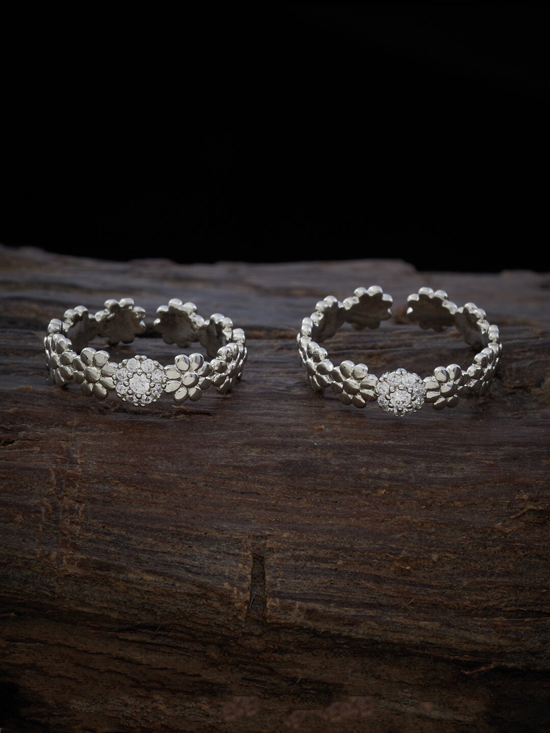 

Kushal's Fashion Jewellery Set Of 2 Rhodium-Plated CZ-Studded Toe Rings, Silver