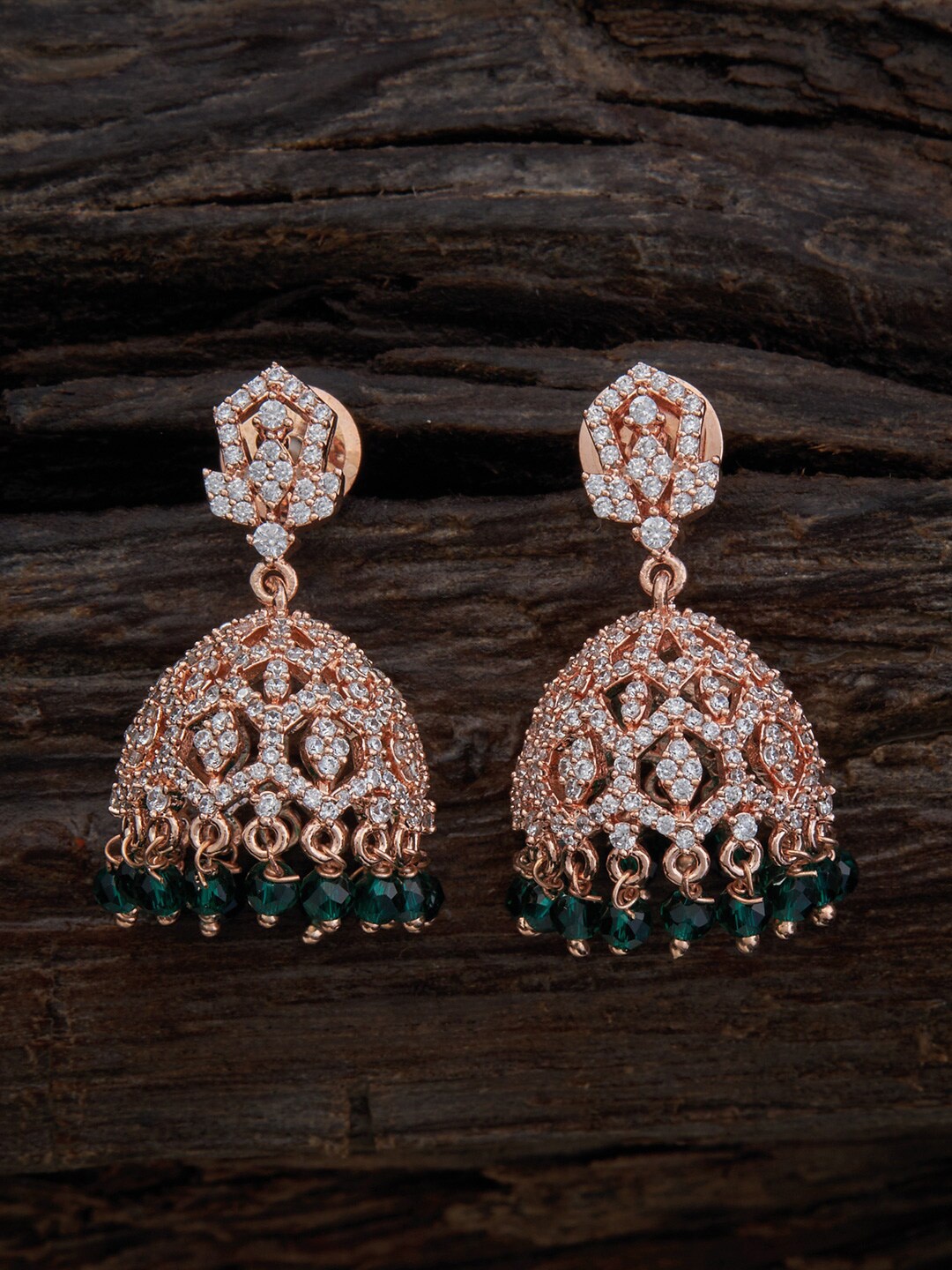 

Kushal's Fashion Jewellery Rose Gold-Plated Dome Shaped Zircon Jhumkas Earrings