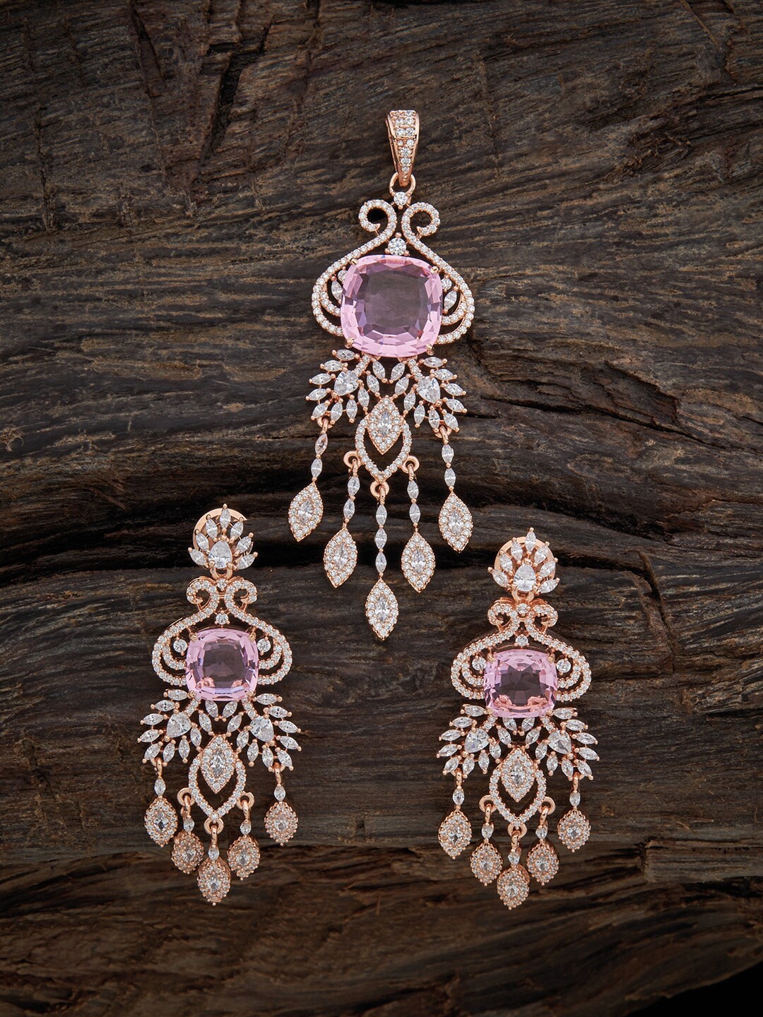 

Kushal's Fashion Jewellery Rose-Gold Plated Cubic Zirconia Pendant With Earrings, Pink