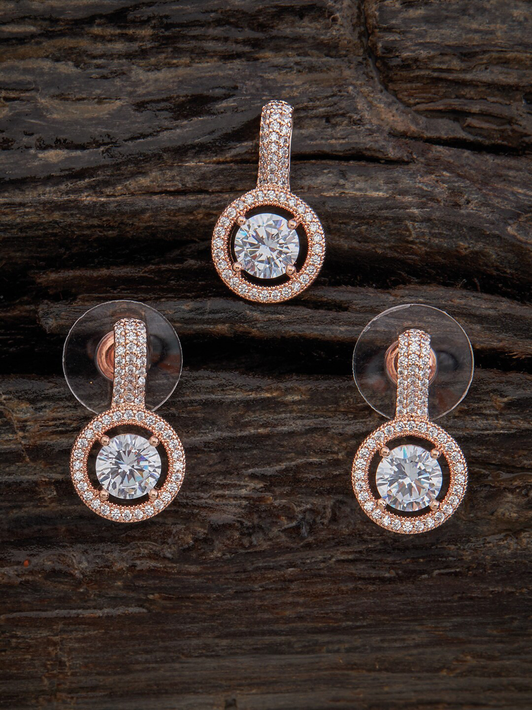 

Kushal's Fashion Jewellery Rose-Gold Plated Cubic Zirconia Pendant With Earrings, White