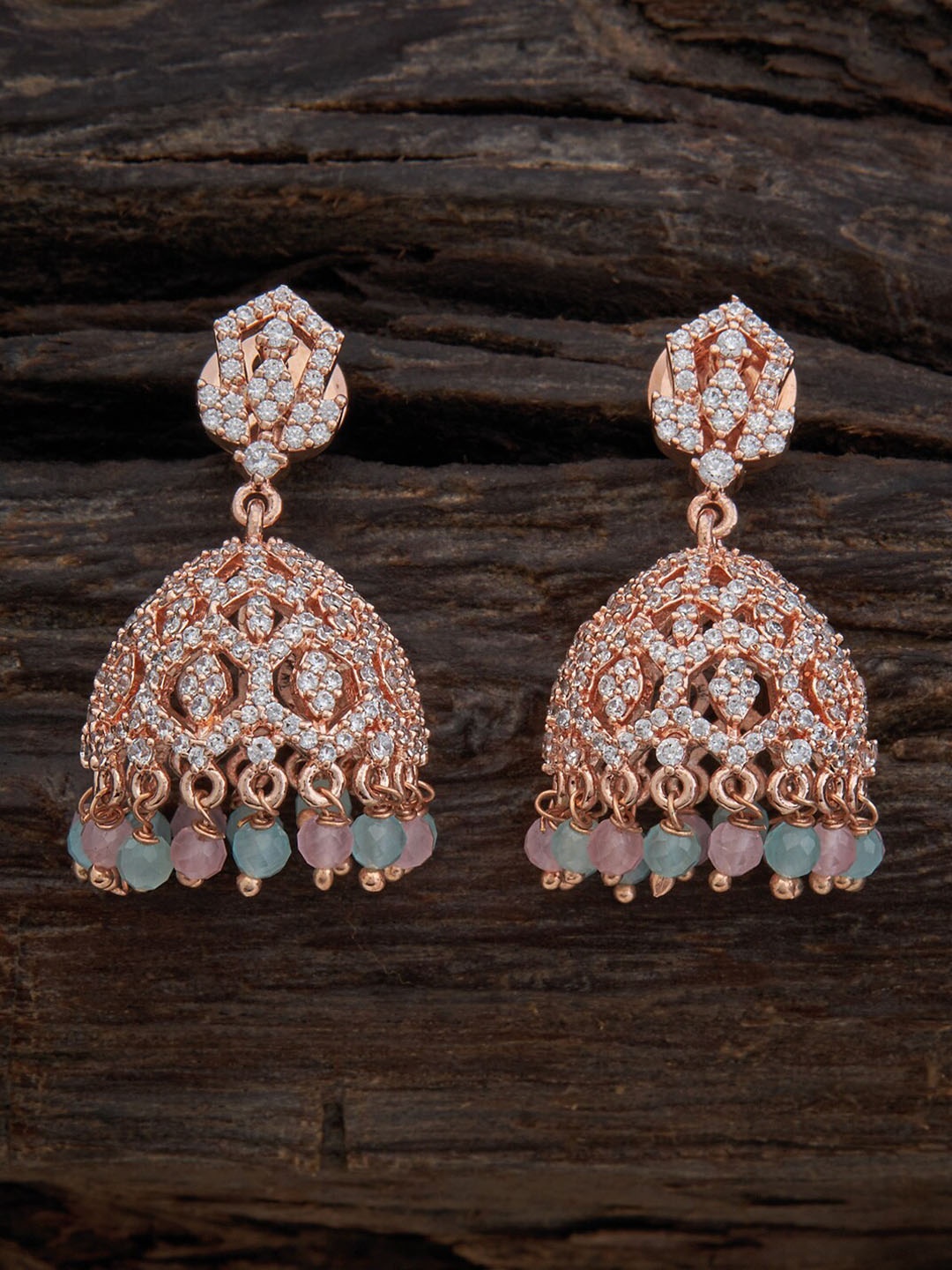 

Kushal's Fashion Jewellery Rose Gold-Plated Dome Shaped Zircon Jhumkas Earrings