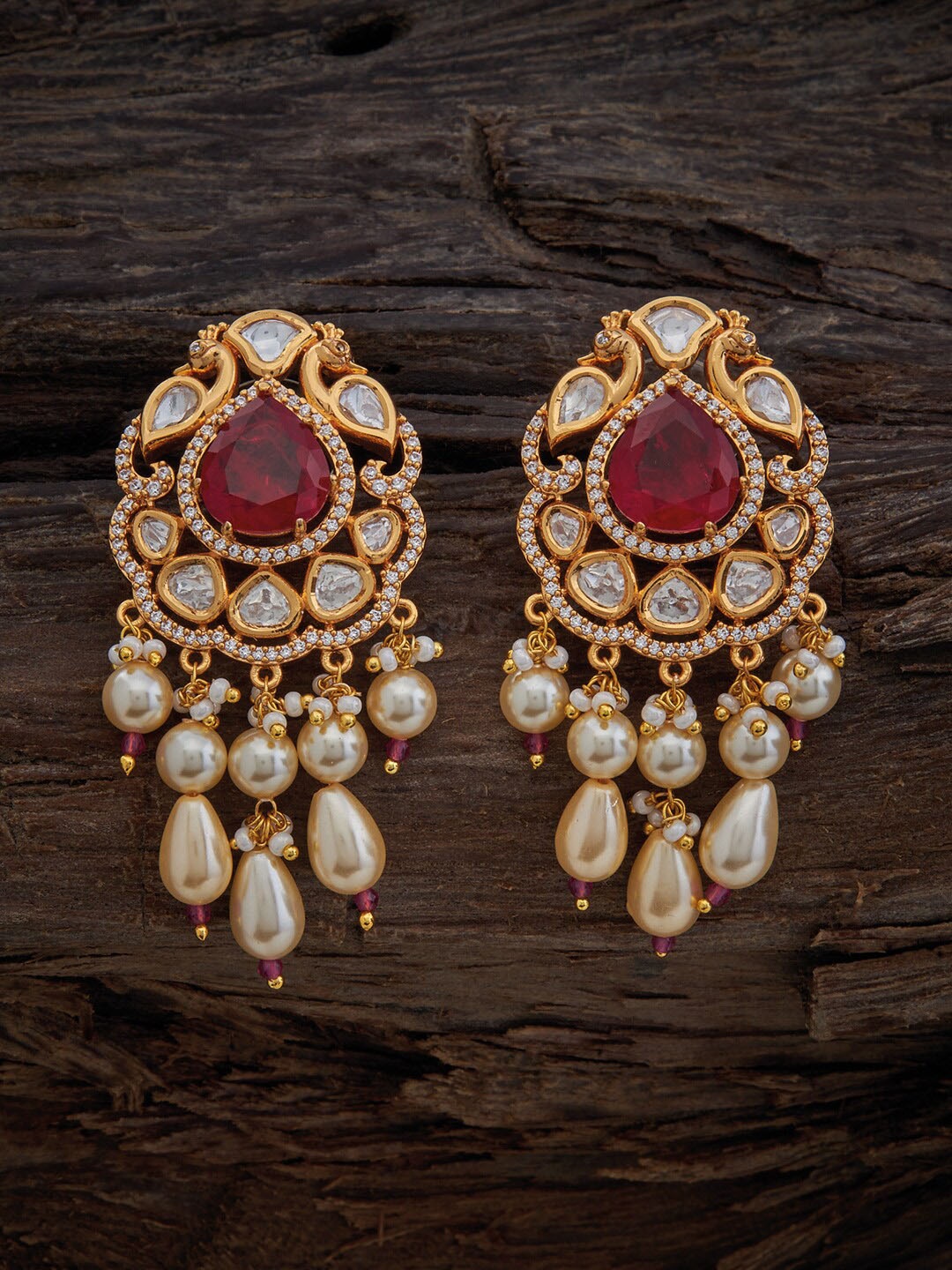 

Kushal's Fashion Jewellery Gold-Plated Teardrop Design Kundan Drop Earrings