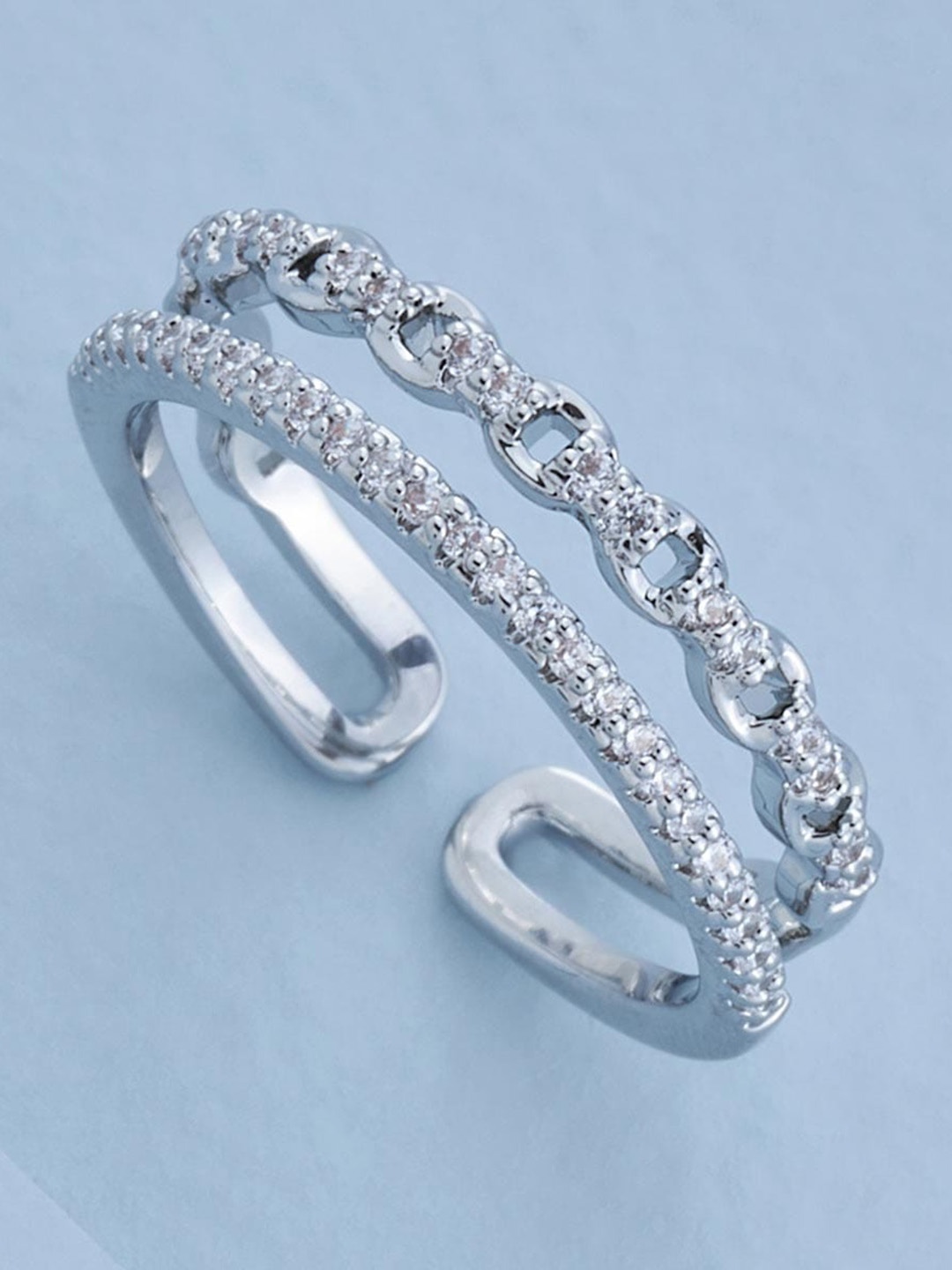 

Kushal's Fashion Jewellery Rhodium-Plated CZ-Studded Adjustable Finger Ring, Silver