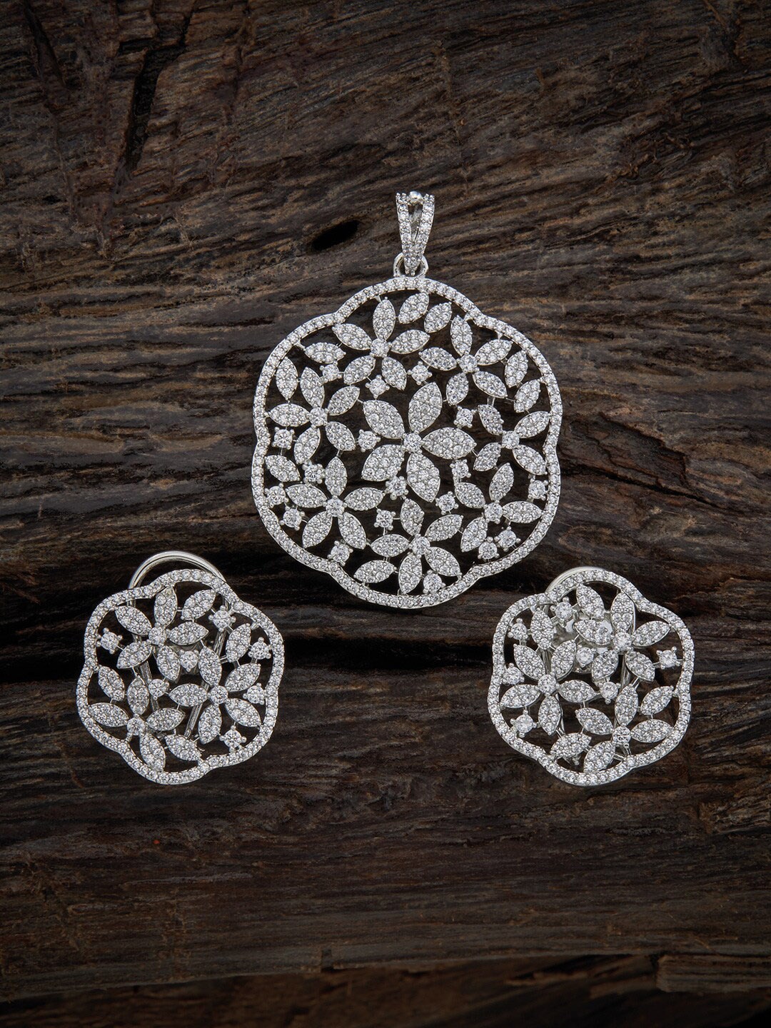 

Kushal's Fashion Jewellery Rhodium-Plated CZ Studded Pendant Set, Silver