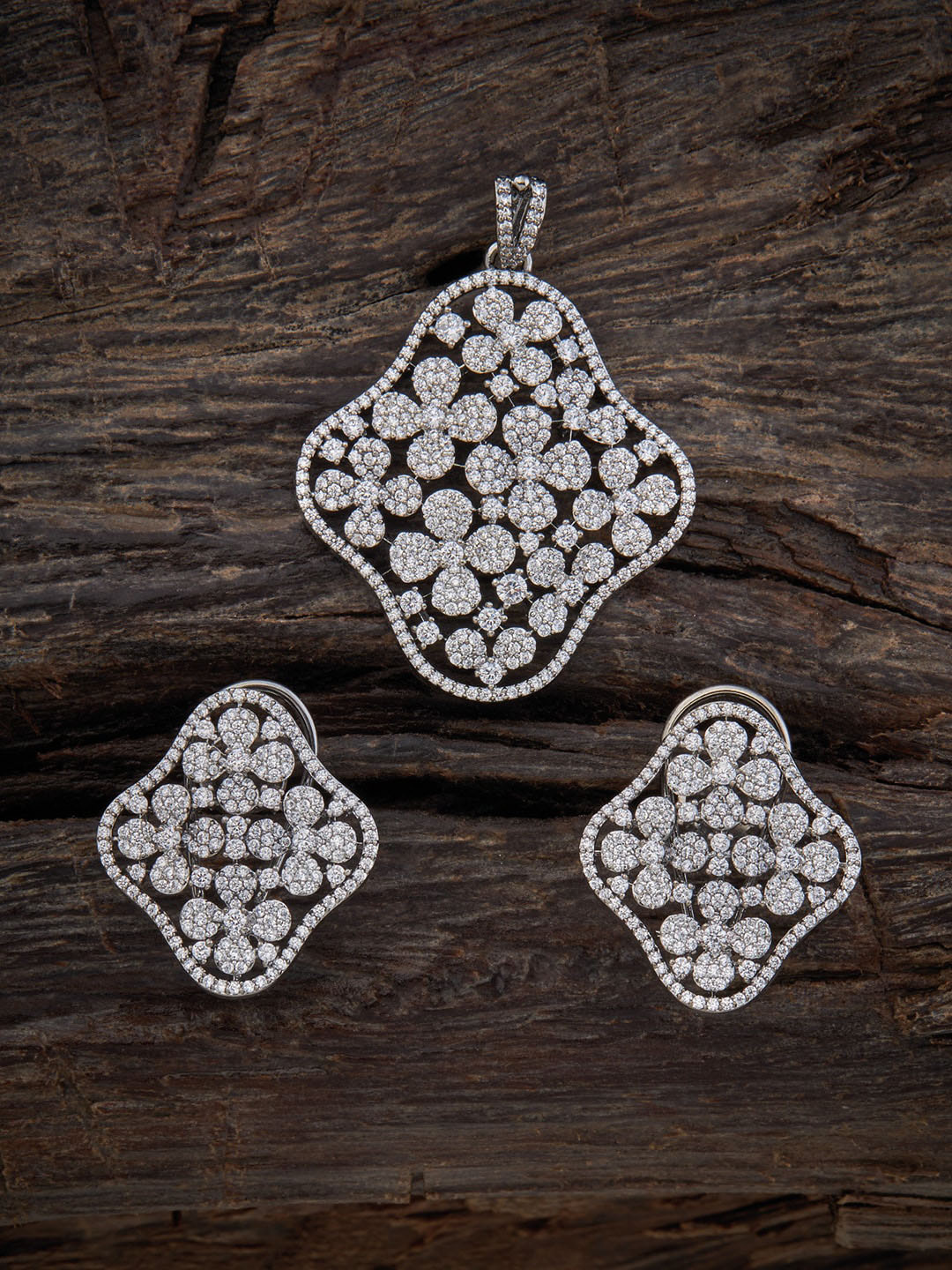 

Kushal's Fashion Jewellery Rhodium-Plated CZ Studded Pendant Set, Silver