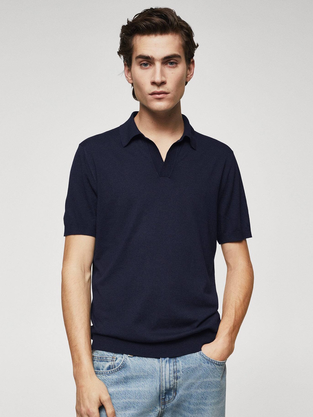 

MANGO MAN Fine Knit Polo Collar T-shirt, Navy blue