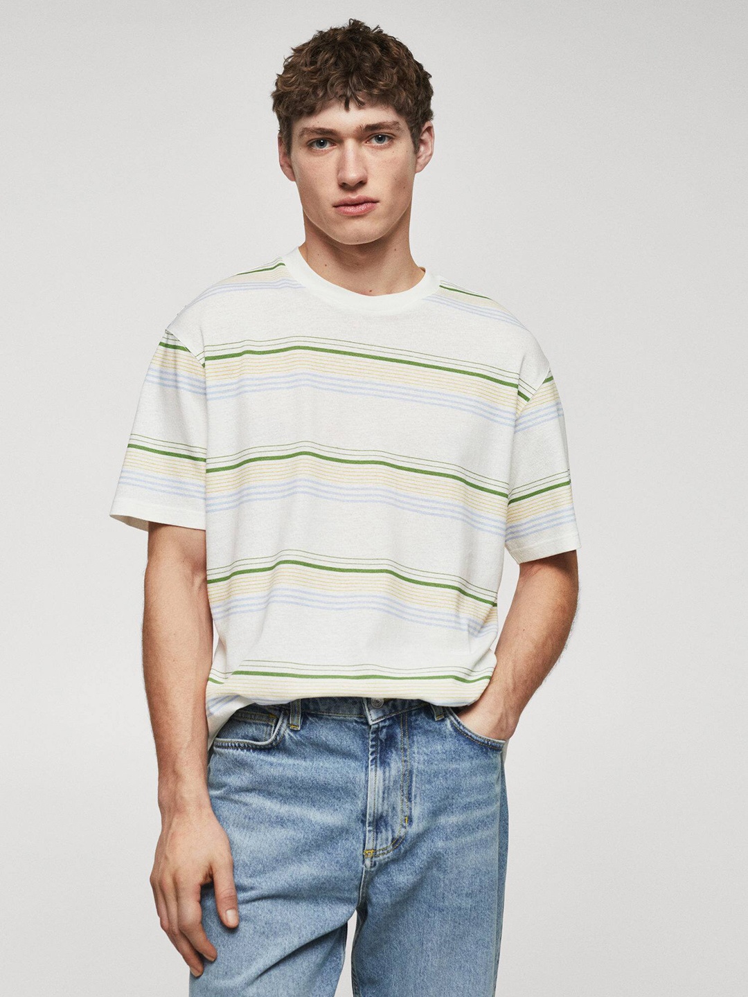 

MANGO MAN Striped Cotton Linen T-shirt, White