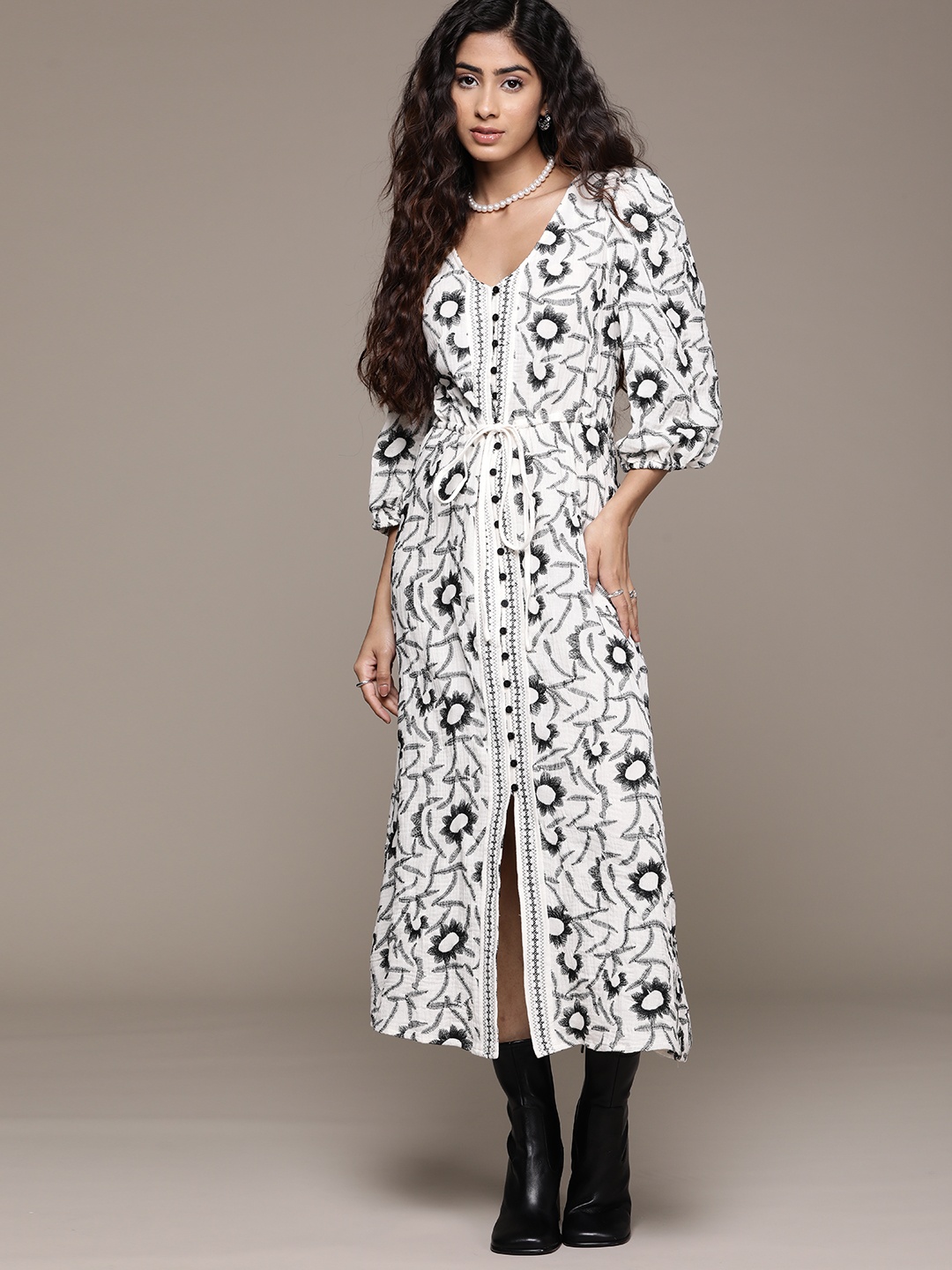 

MANGO Floral Woven Design Pure Cotton A-Line Midi Dress, White