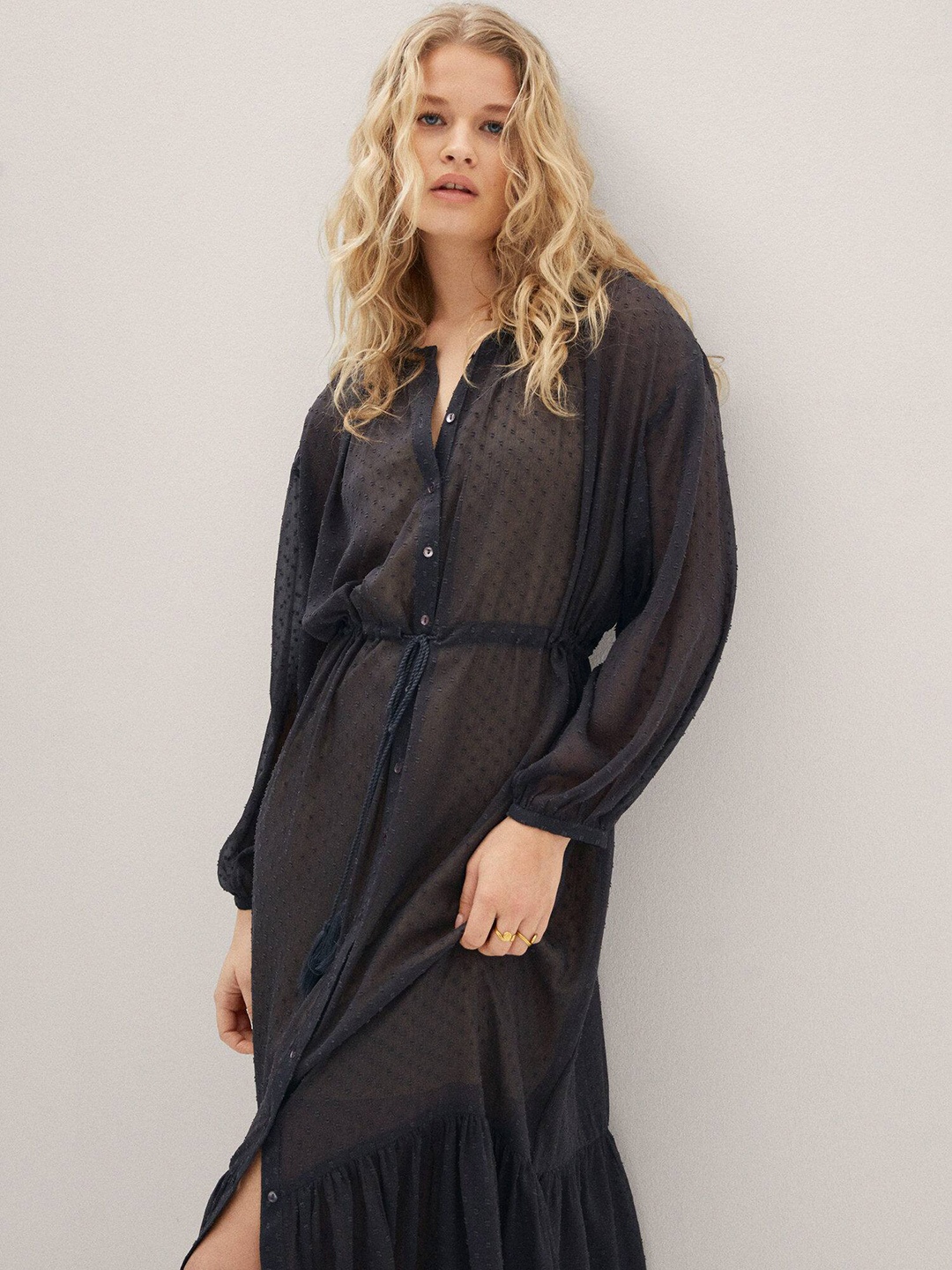 

MANGO Dobby Weave Shirt Midi Dress, Charcoal